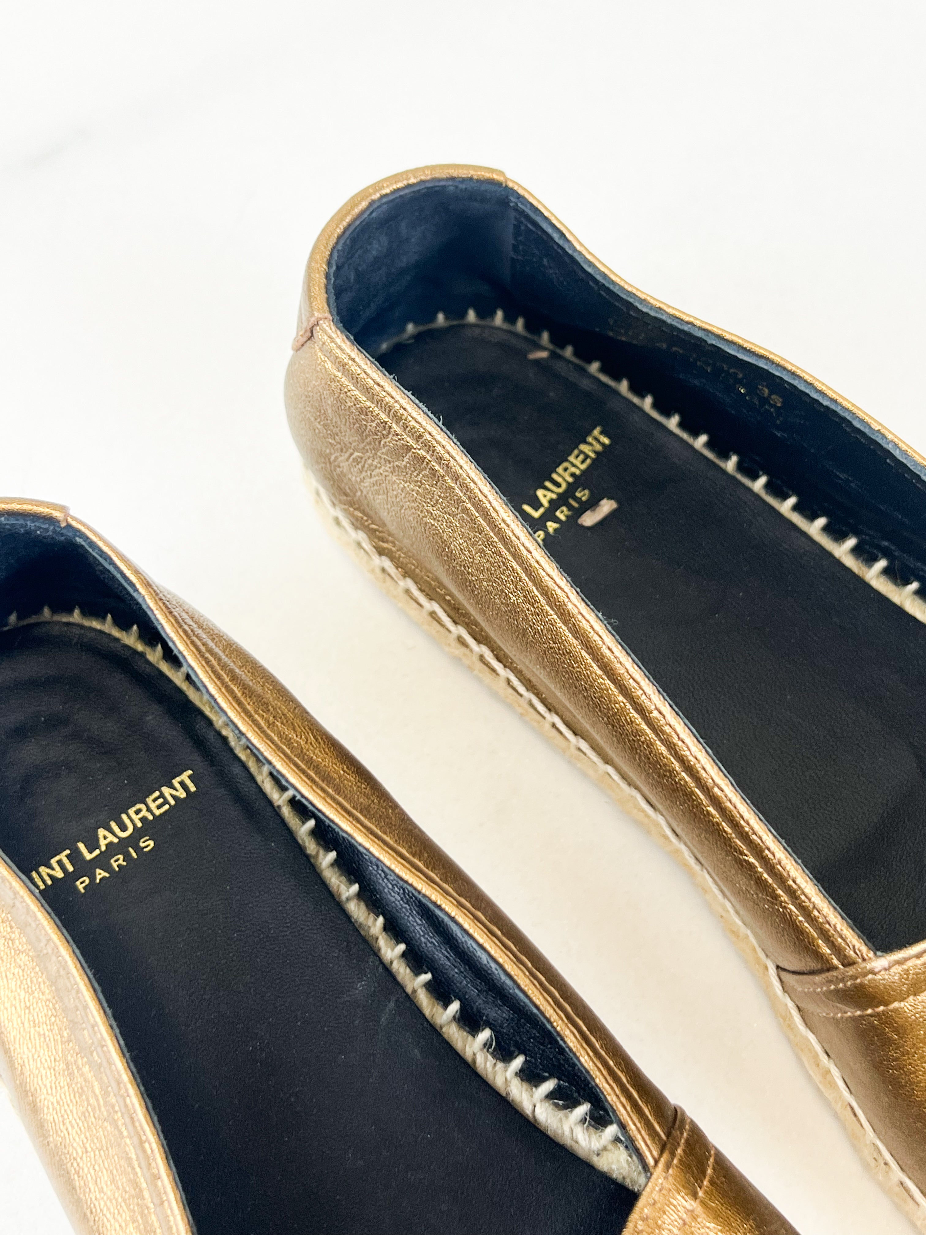 Saint Laurent Logo Espadrilles in Gold Size 35