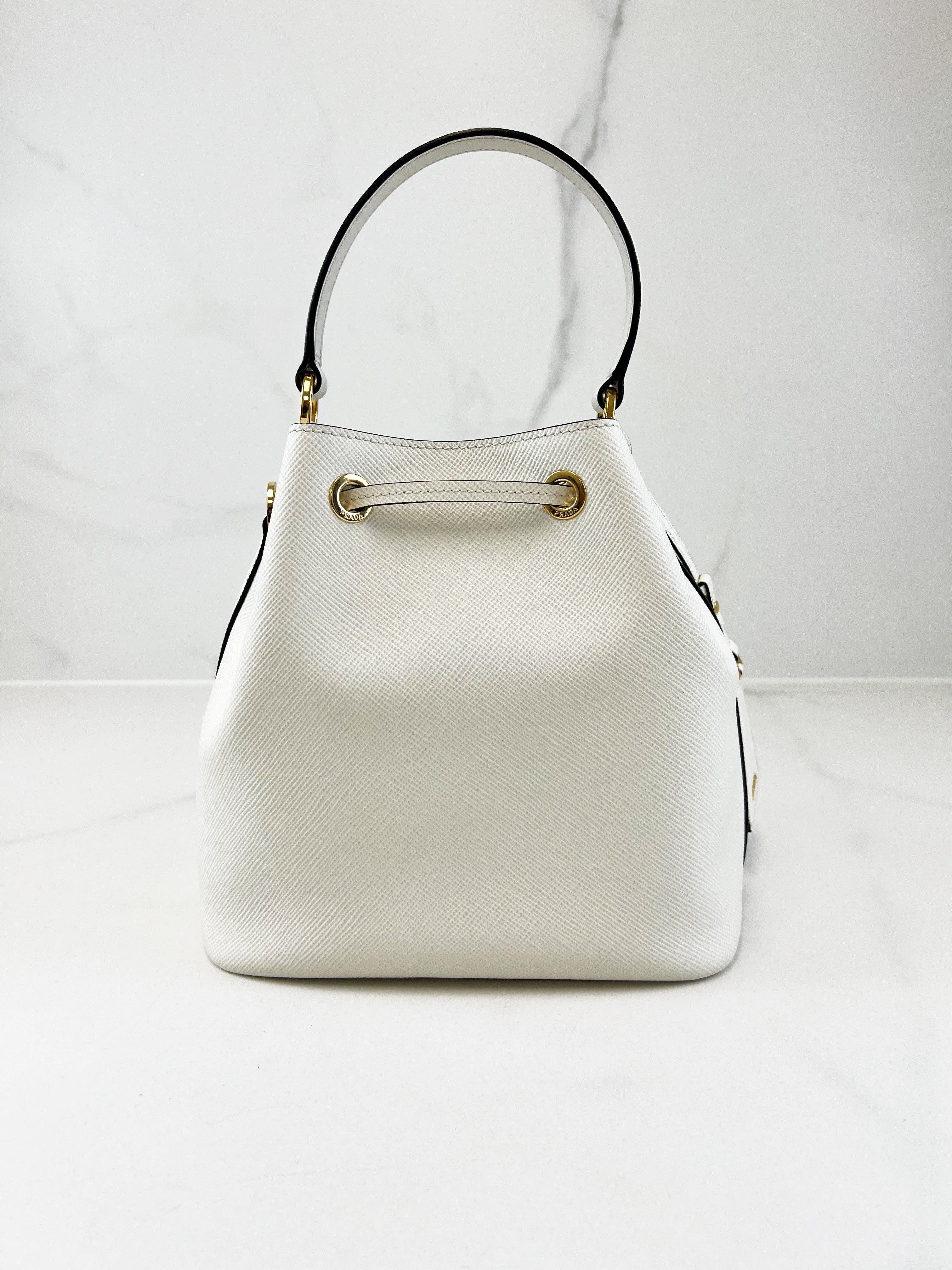 Prada Saffiano Top Handle Bucket Bag in White
