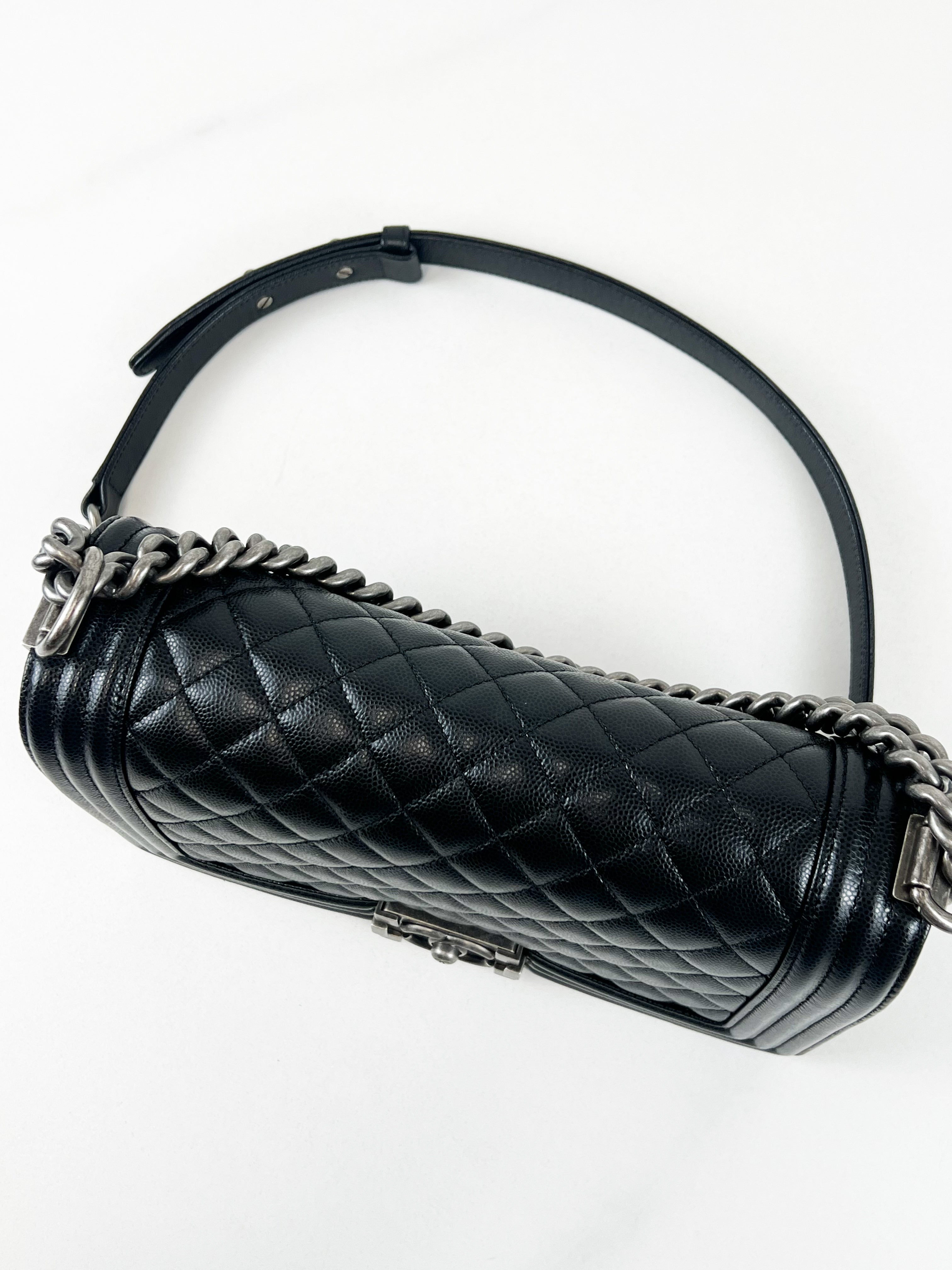 Chanel Old Medium Boy Bag in Black Quilted Caviar with Ruthenium Hardware
