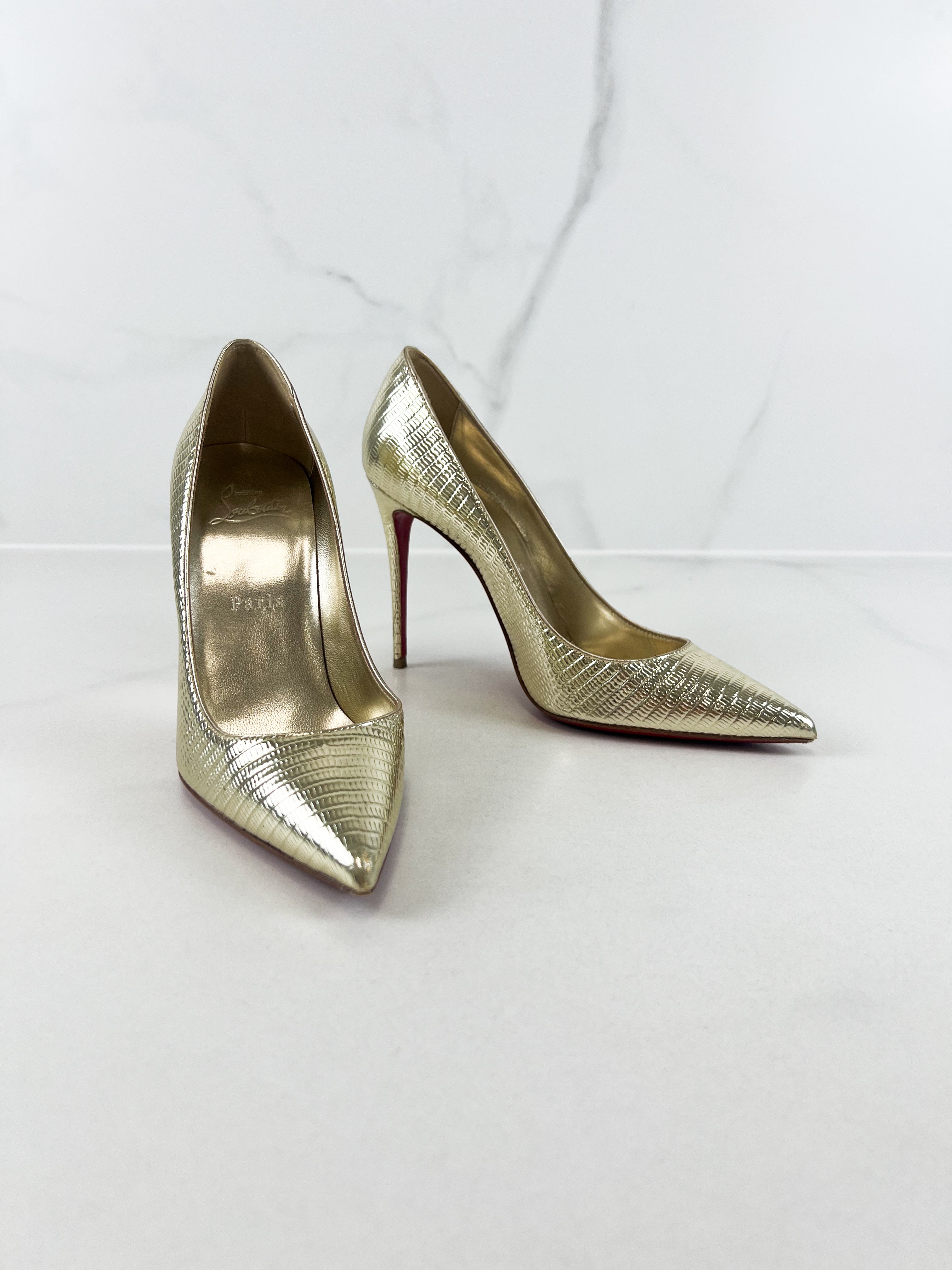 Christian Louboutin So Kate Pump in Gold-Toned Textured Leather Size 36.5