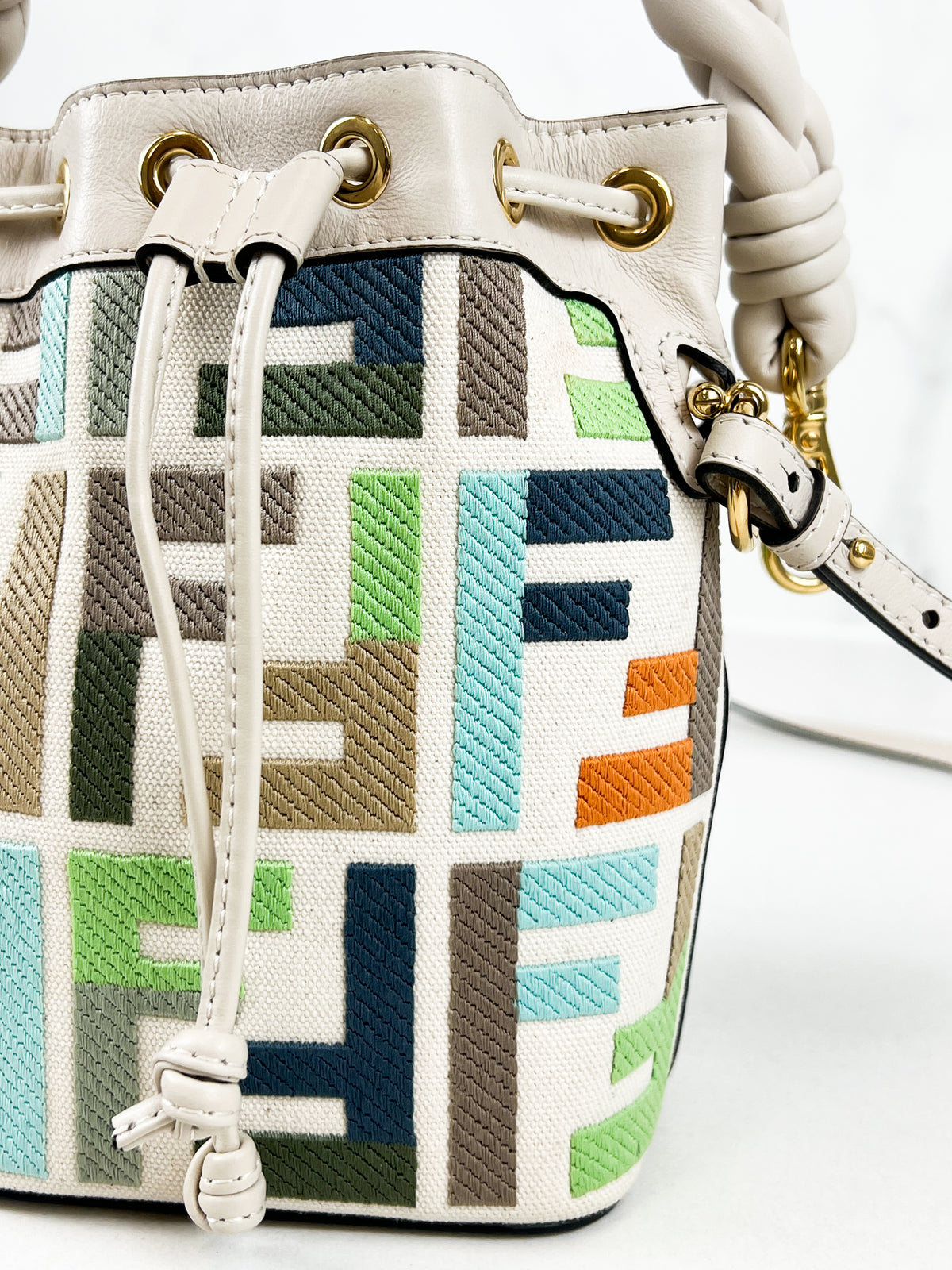 Fendi FF Multicolour Embroidred Mon Tresor Bucket Bag with Braided White Leather Handle
