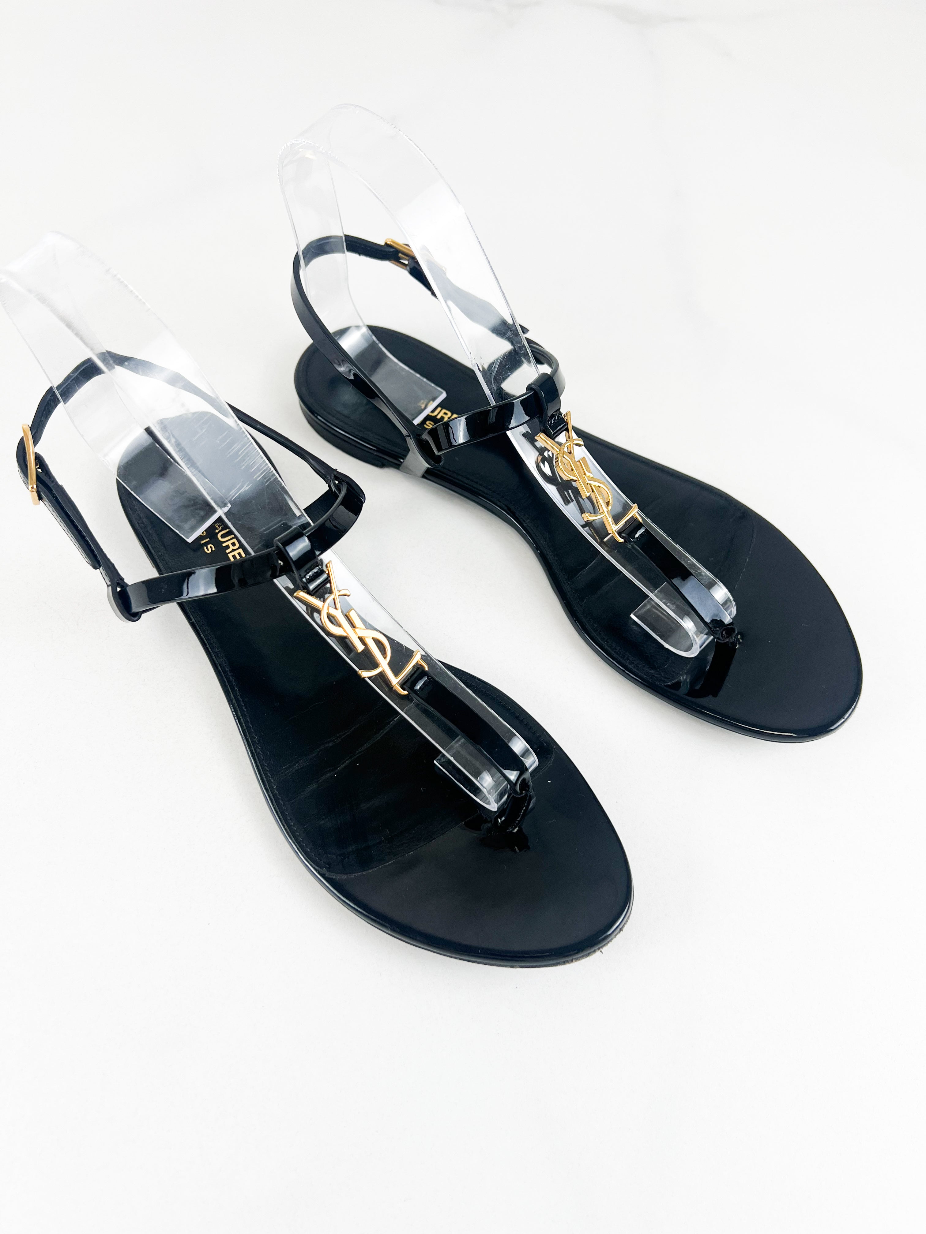 Saint Laurent Cassandra Flat Sandal in Black Patent Leather 38.5