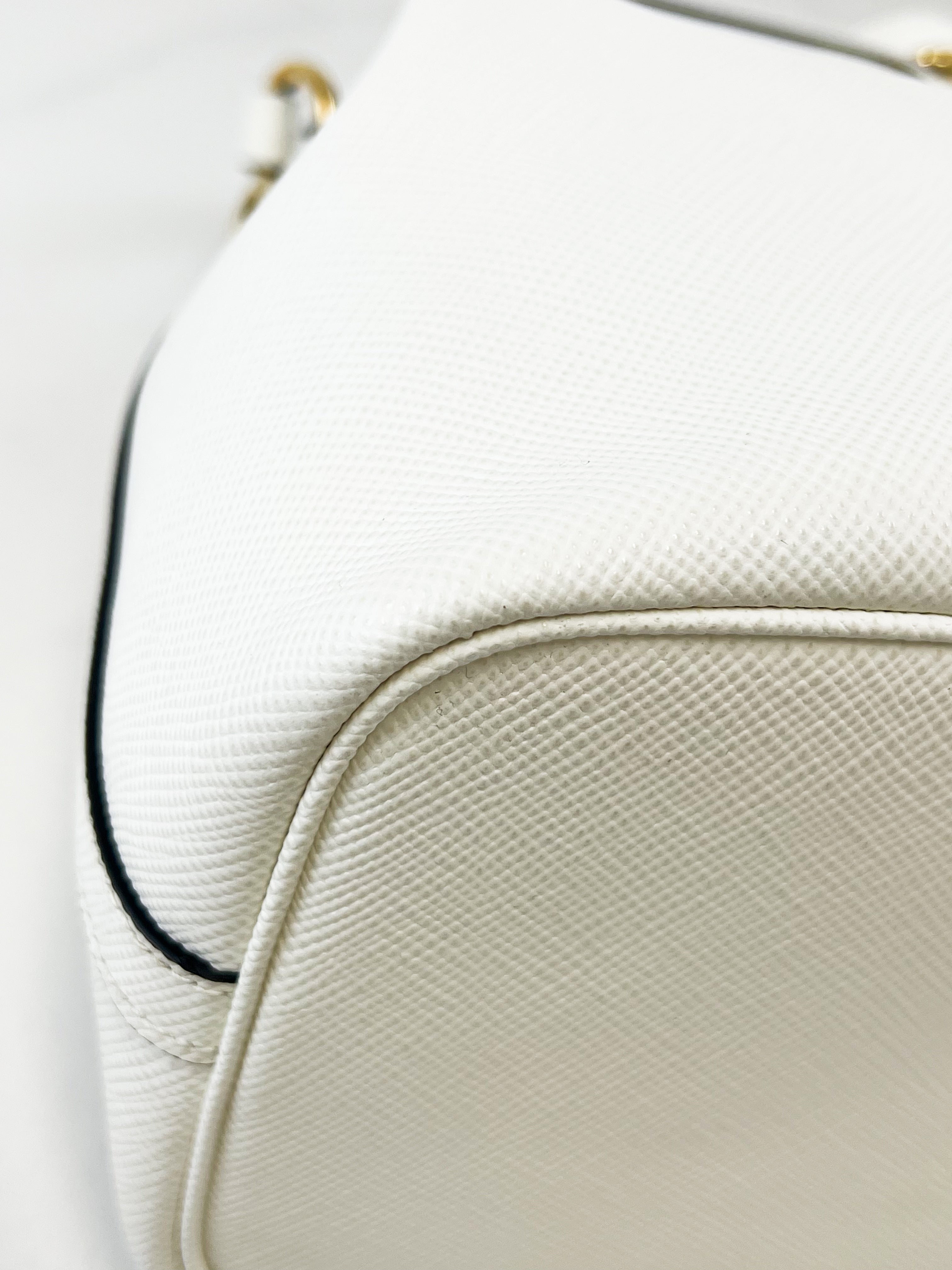 Prada Saffiano Top Handle Bucket Bag in White