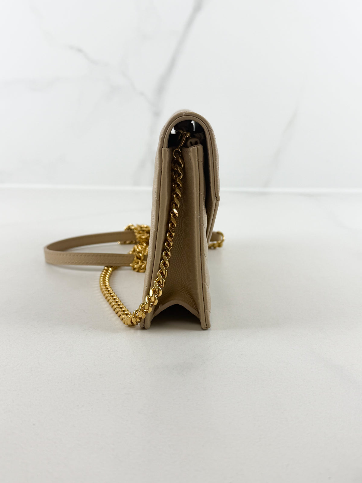 Saint Laurent Dark Beige Cassandre Envelope WOC in Grain De Poudre Leather with GHW