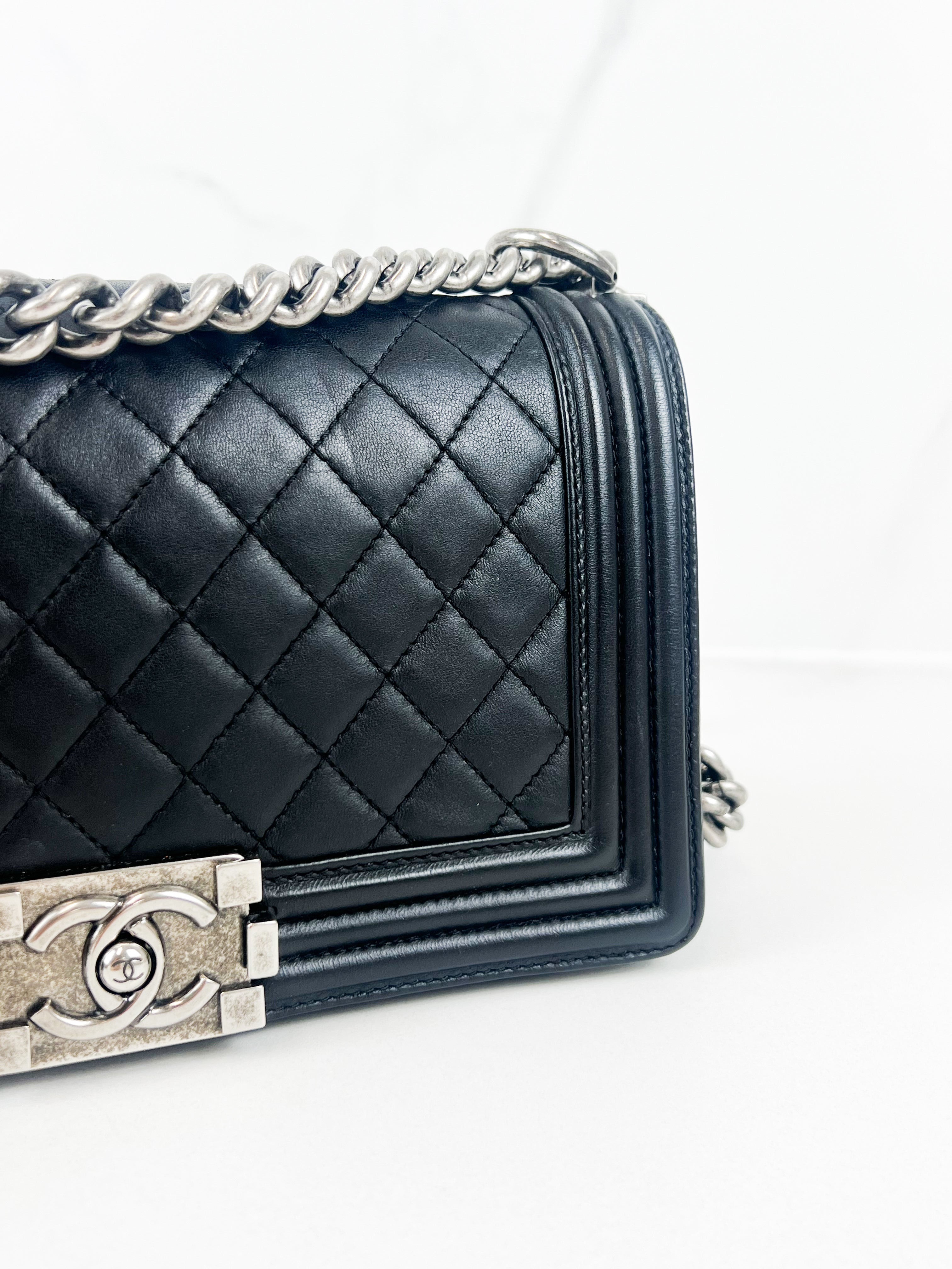 Chanel Old Medium Boy Bag in Black Quilted Lambskin with Ruthenium Hardware