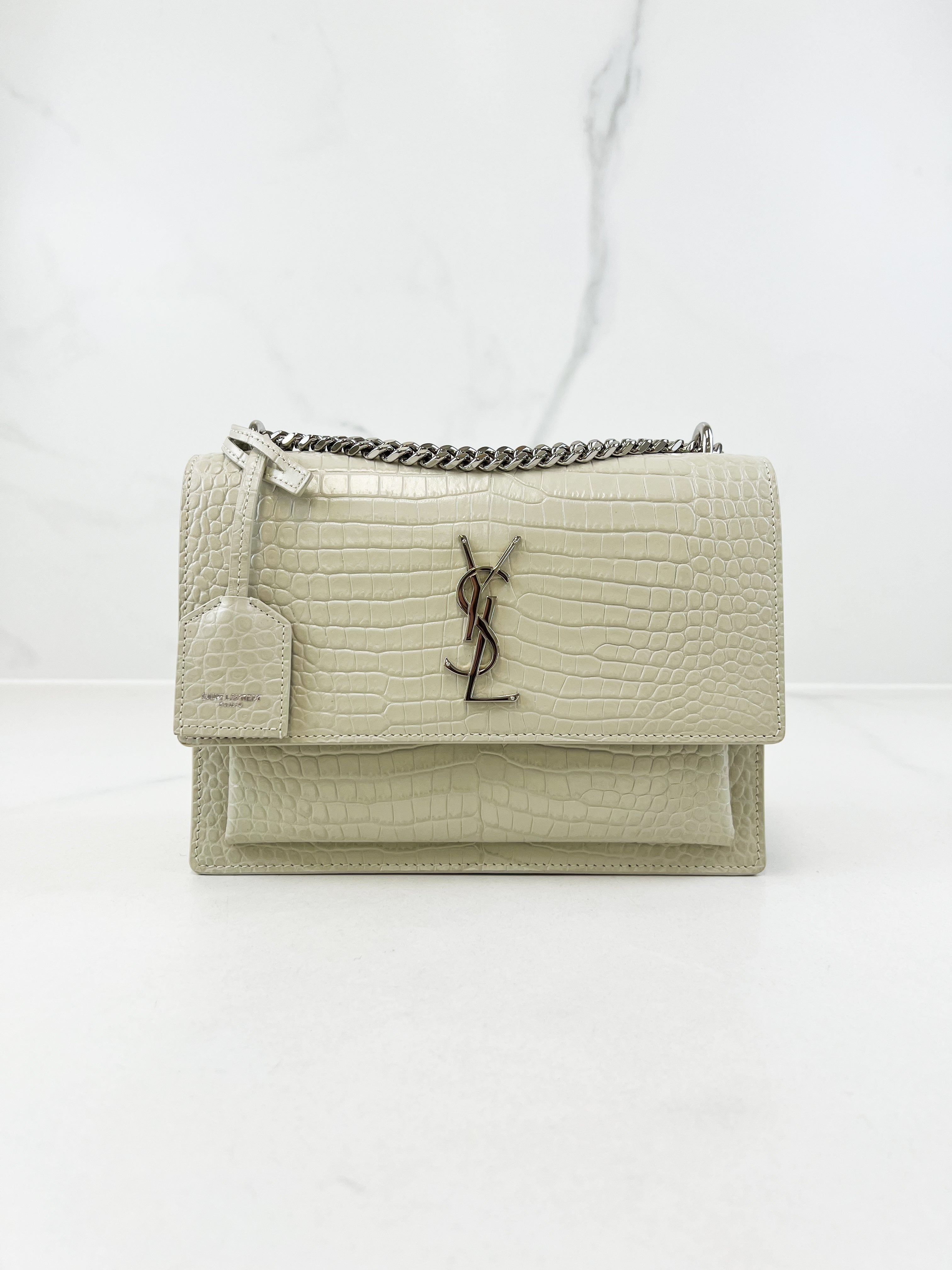 Saint Laurent Sunset Medium In Croc-embossed leather Blanc Vintage