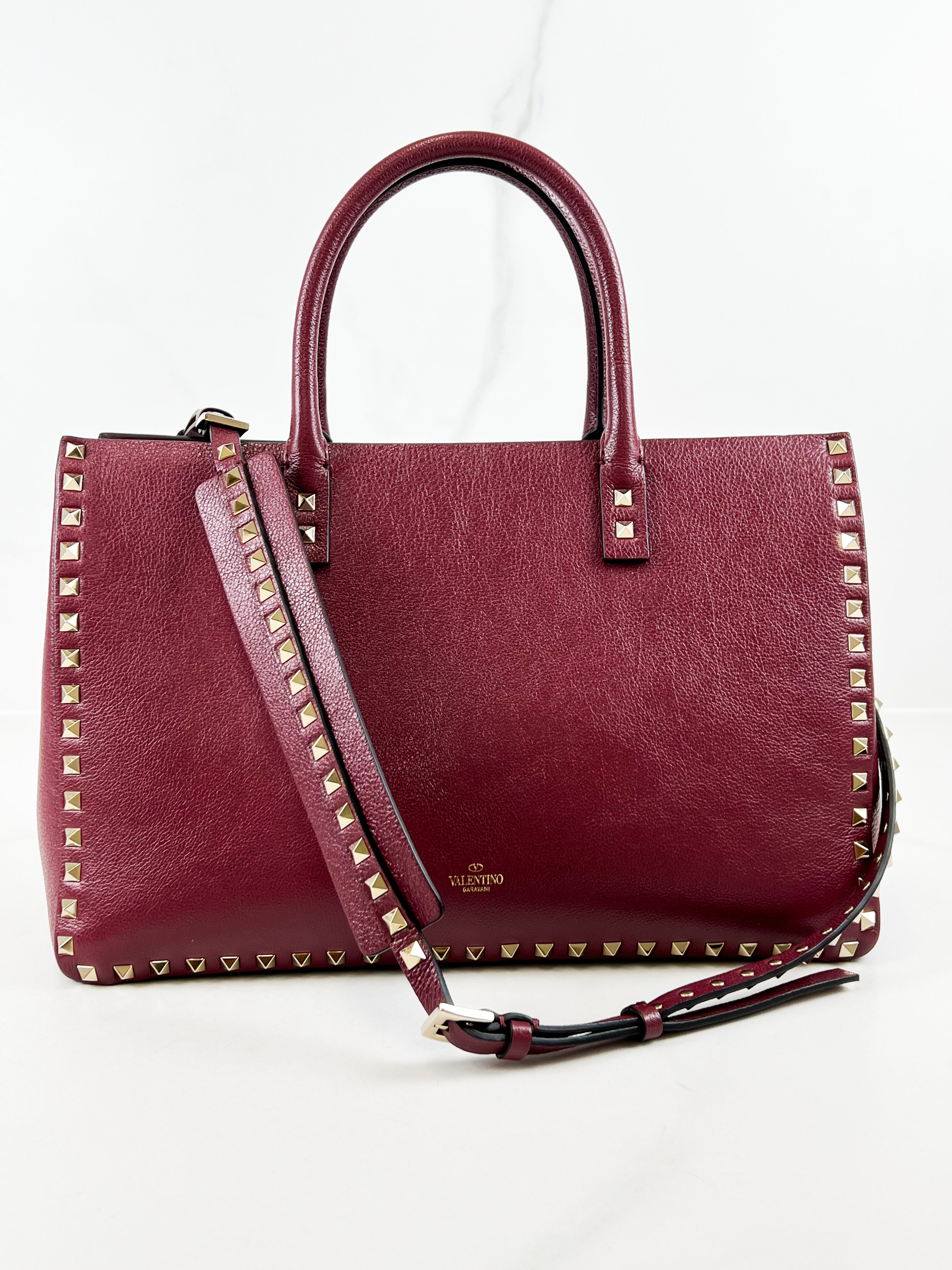 Valentino Garavani Burgundy Rockstud Leather Tote