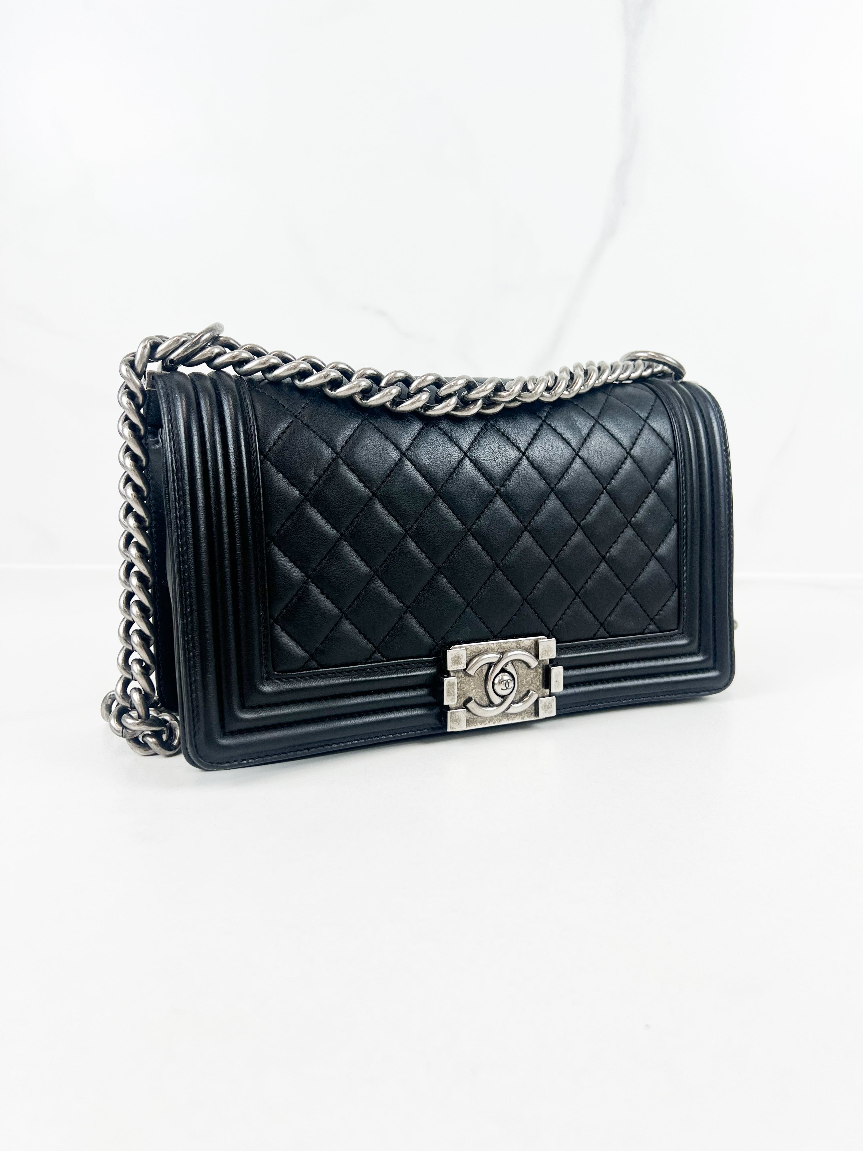 Chanel Old Medium Boy Bag in Black Quilted Lambskin with Ruthenium Hardware