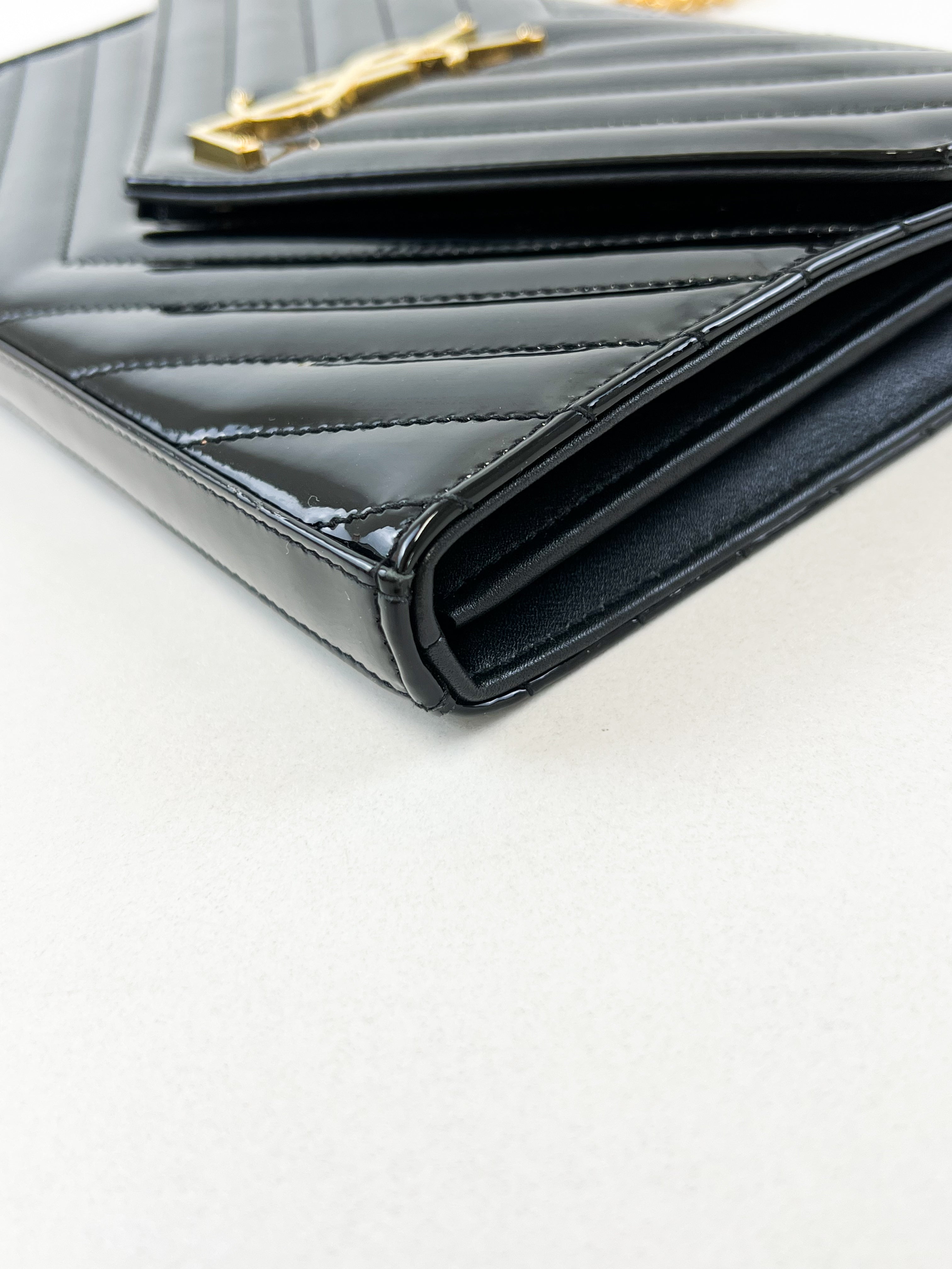 Saint Laurent Patent Black Cassandre Chain WOC with GHW