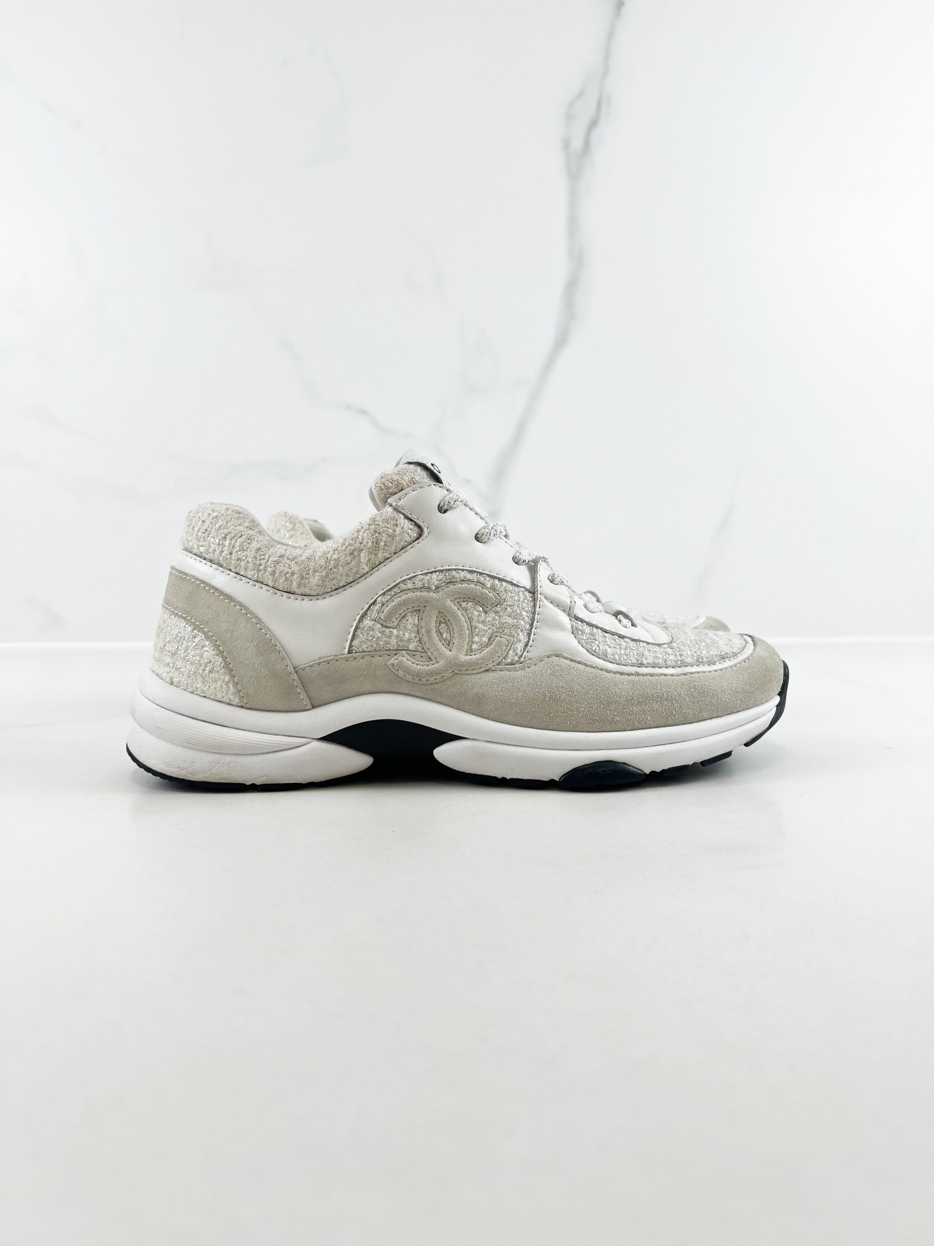 Chanel Painted Iridescent Cotton Tweed Suede CC Sneakers Size 40