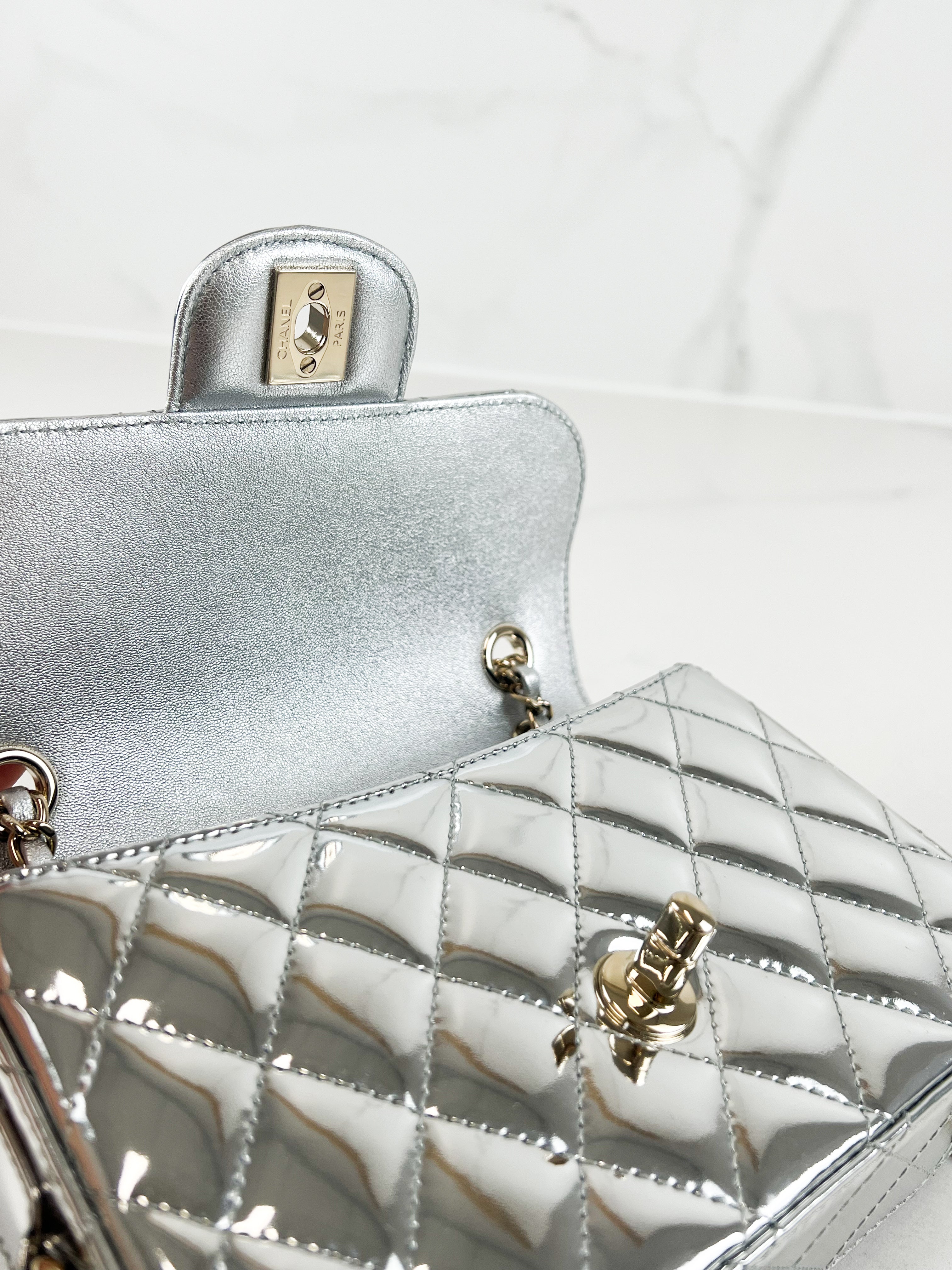 Chanel Patent Mini Square in Silver with SHW