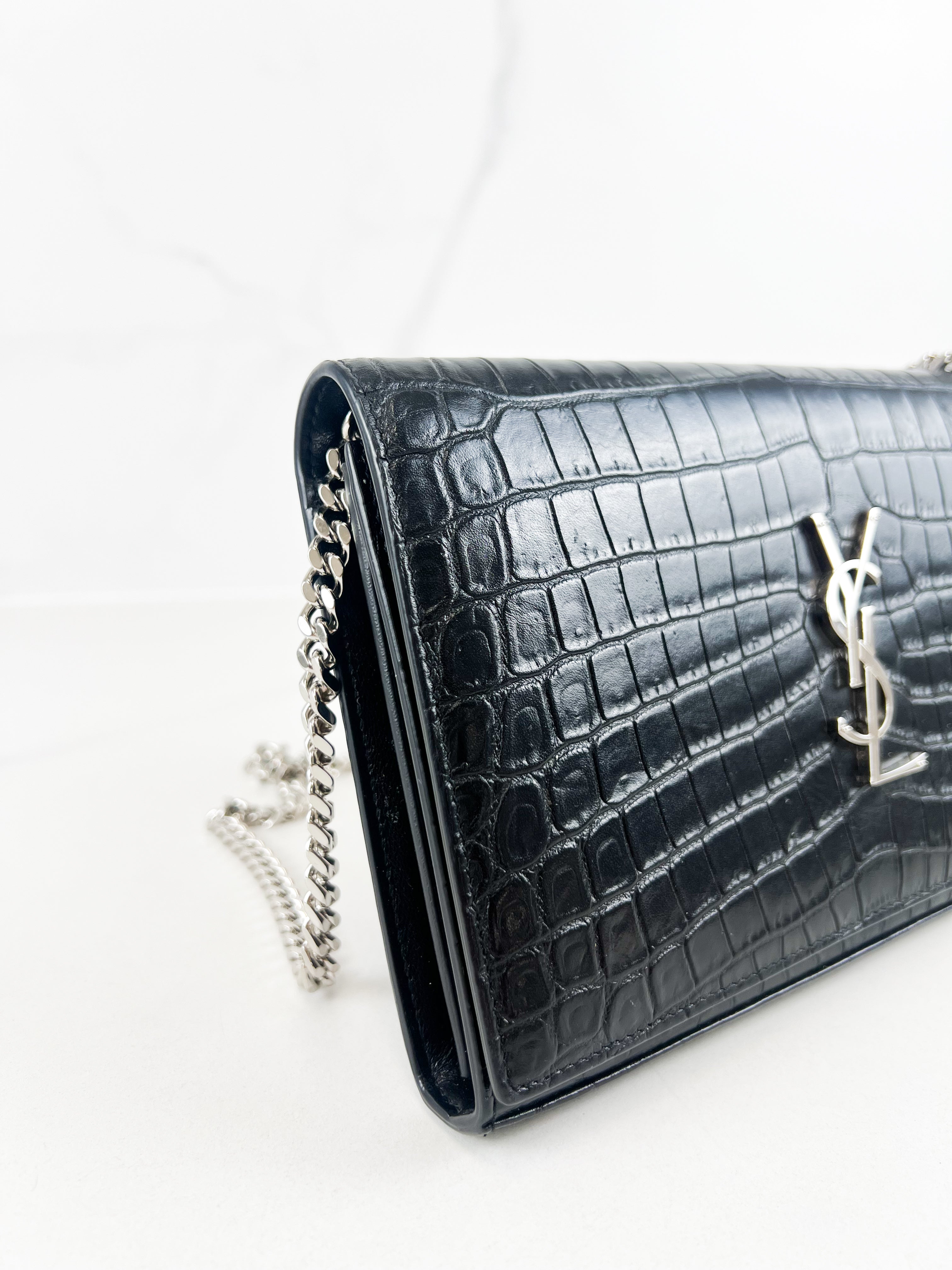Saint Laurent Black Kate Chain Bag in Embossed Croc Leather