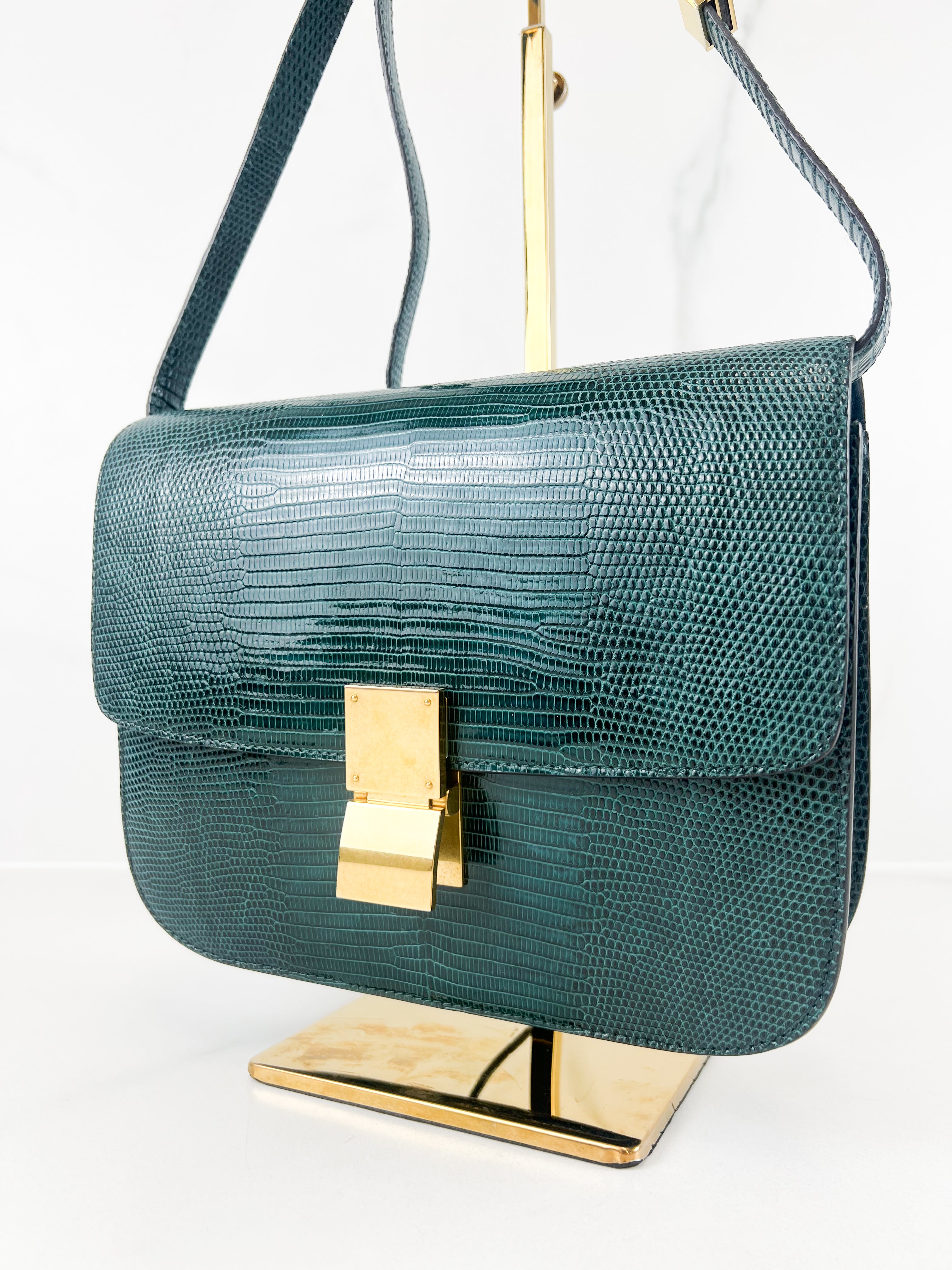 Celine Medium Classic Box Flap Bag in Emerald Lizard Leather