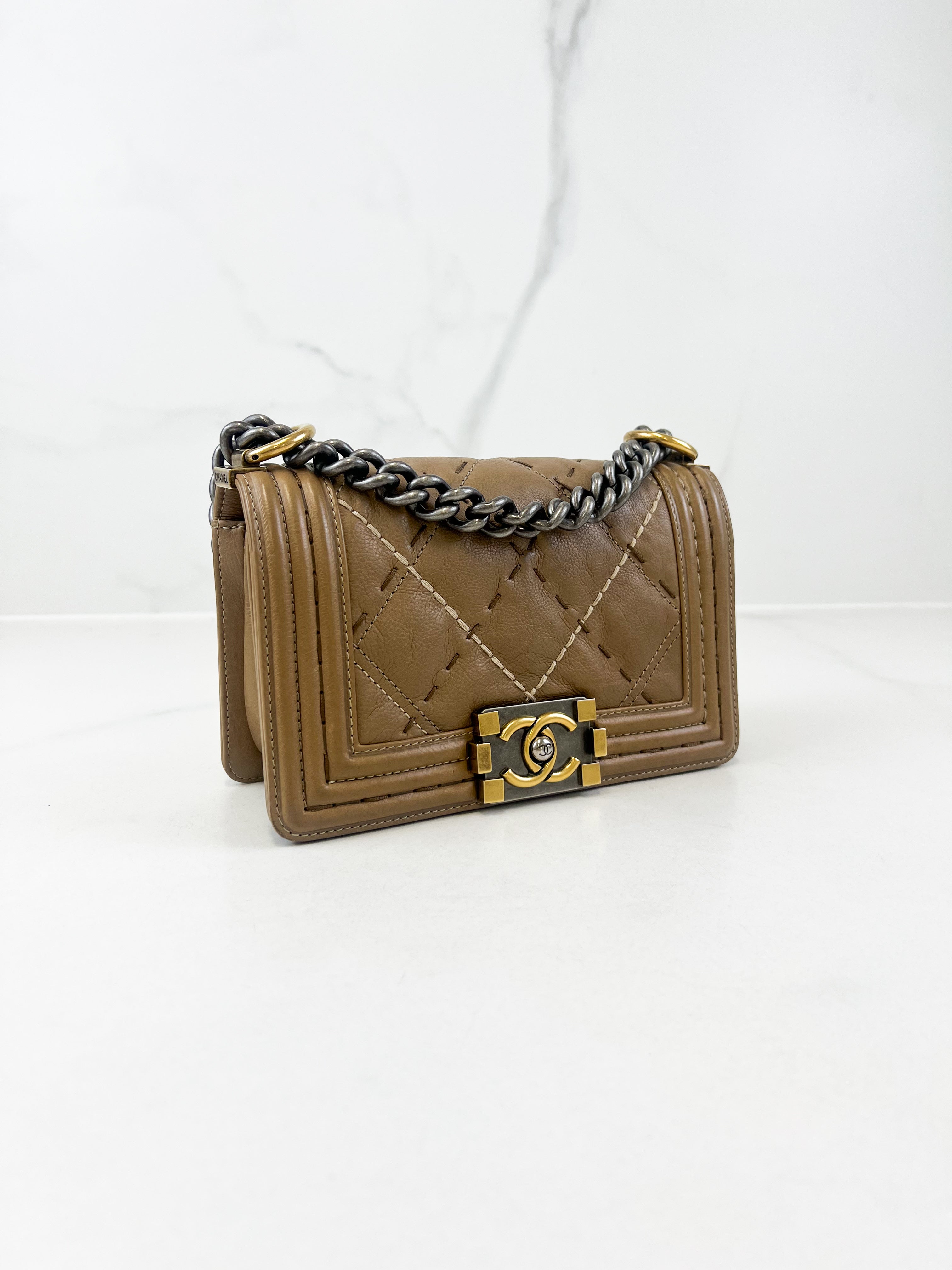 Chanel Small Beige Boy Bag Calfskin Ruthenium & Gold HW