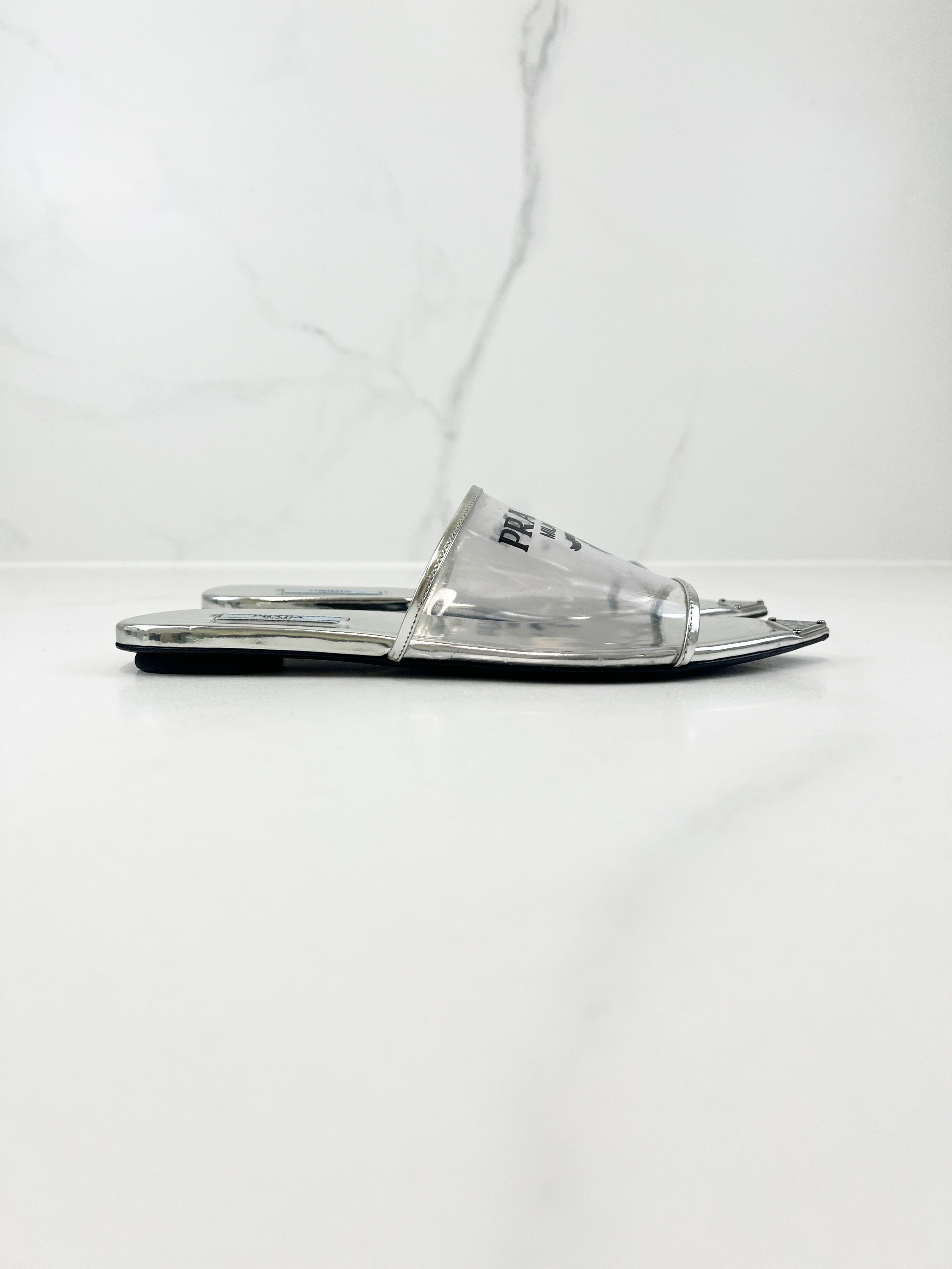Prada Leather Silver PVC Slides Size 38