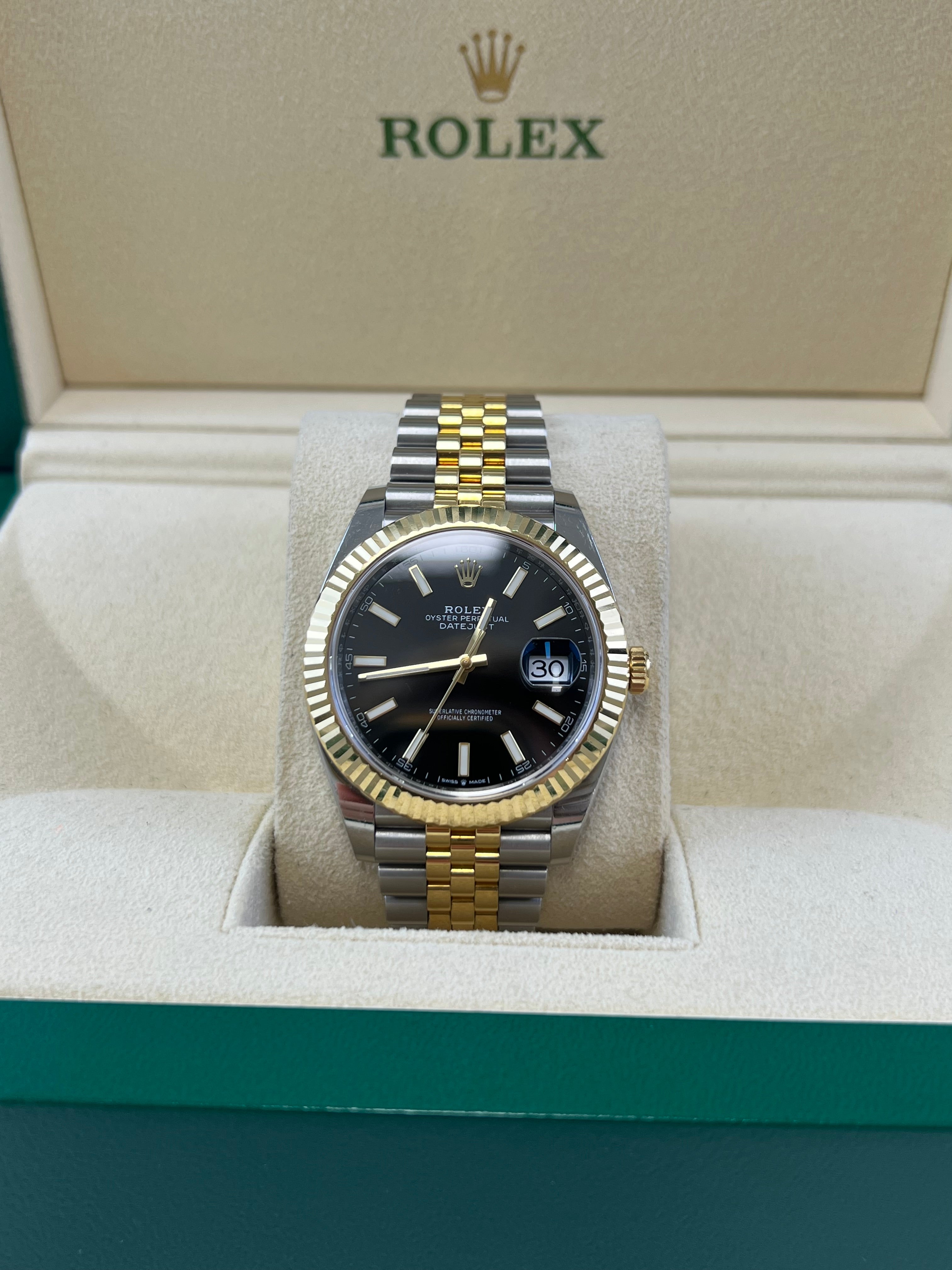 Rolex Datejust 41mm Fluted Bezel Jubilee Bracelet Black Face Stick Dial