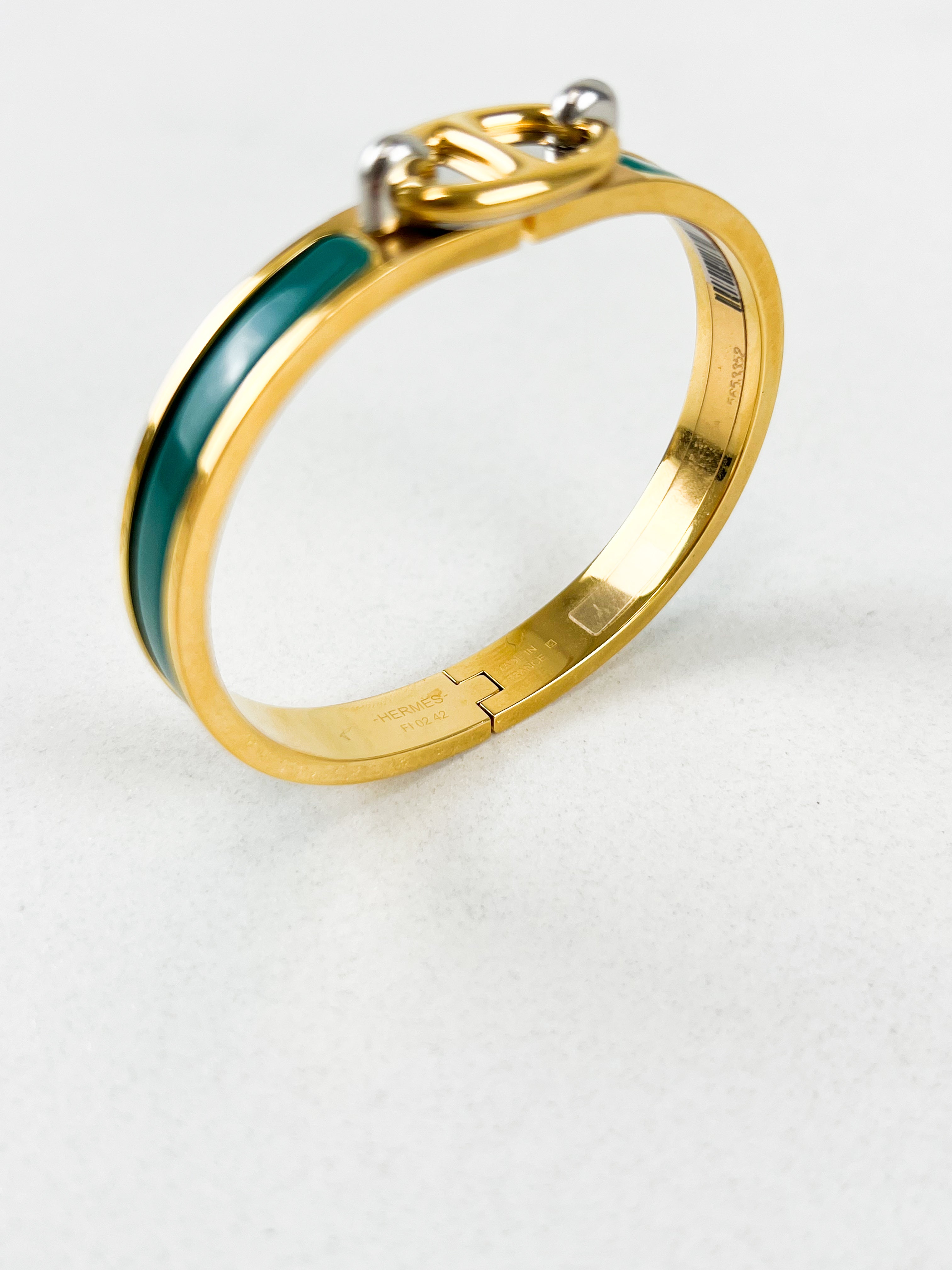 Hermès Mini Clic Chaîne d'Ancre Enamel Bracelet in Gold / Vert Bleuet