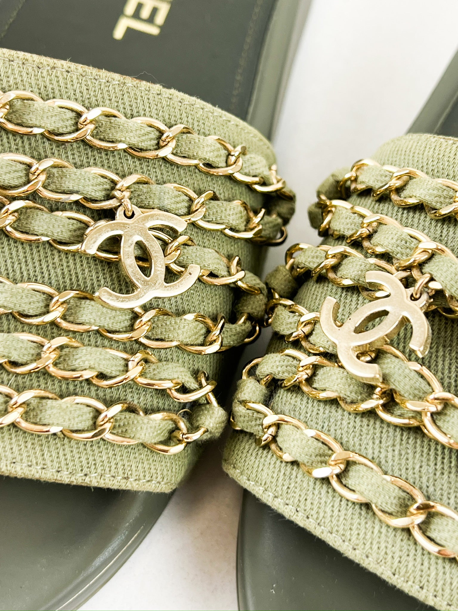 Chanel Khaki Tropiconic Chain Slides Size 37