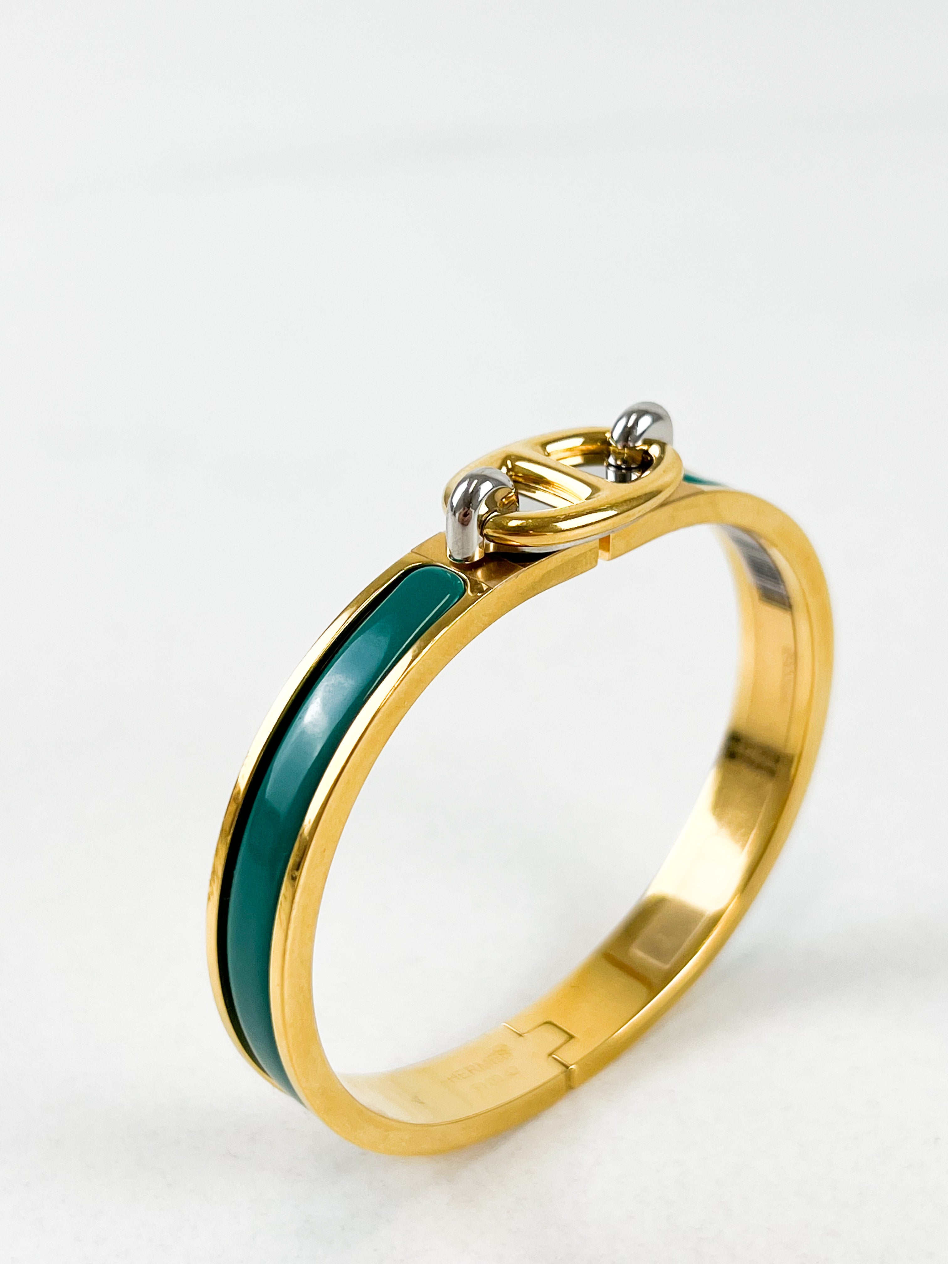 Hermès Mini Clic Chaîne d'Ancre Enamel Bracelet in Gold / Vert Bleuet