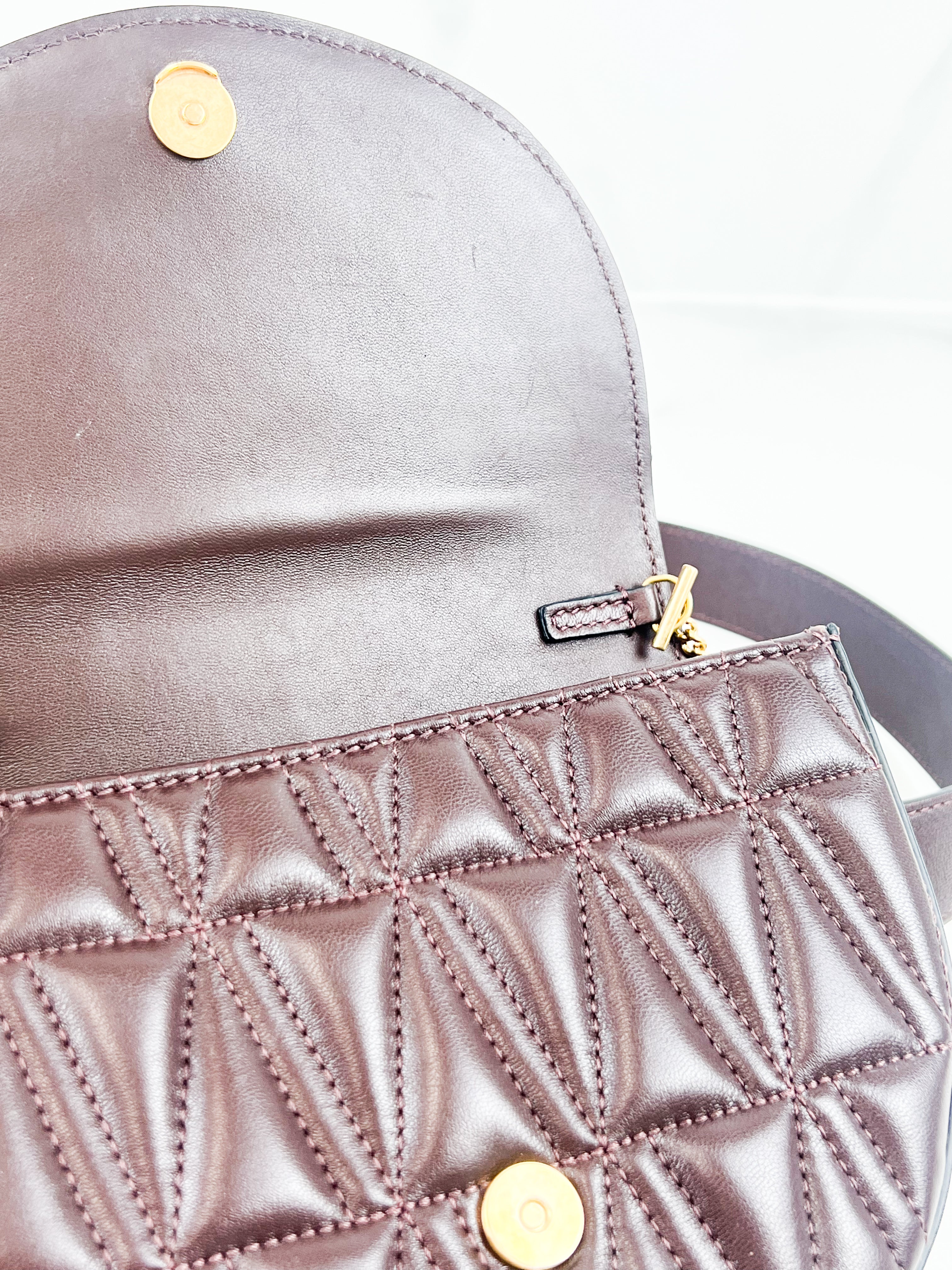 Versace V Logo Chocolate Leather Belt/Chain Bag