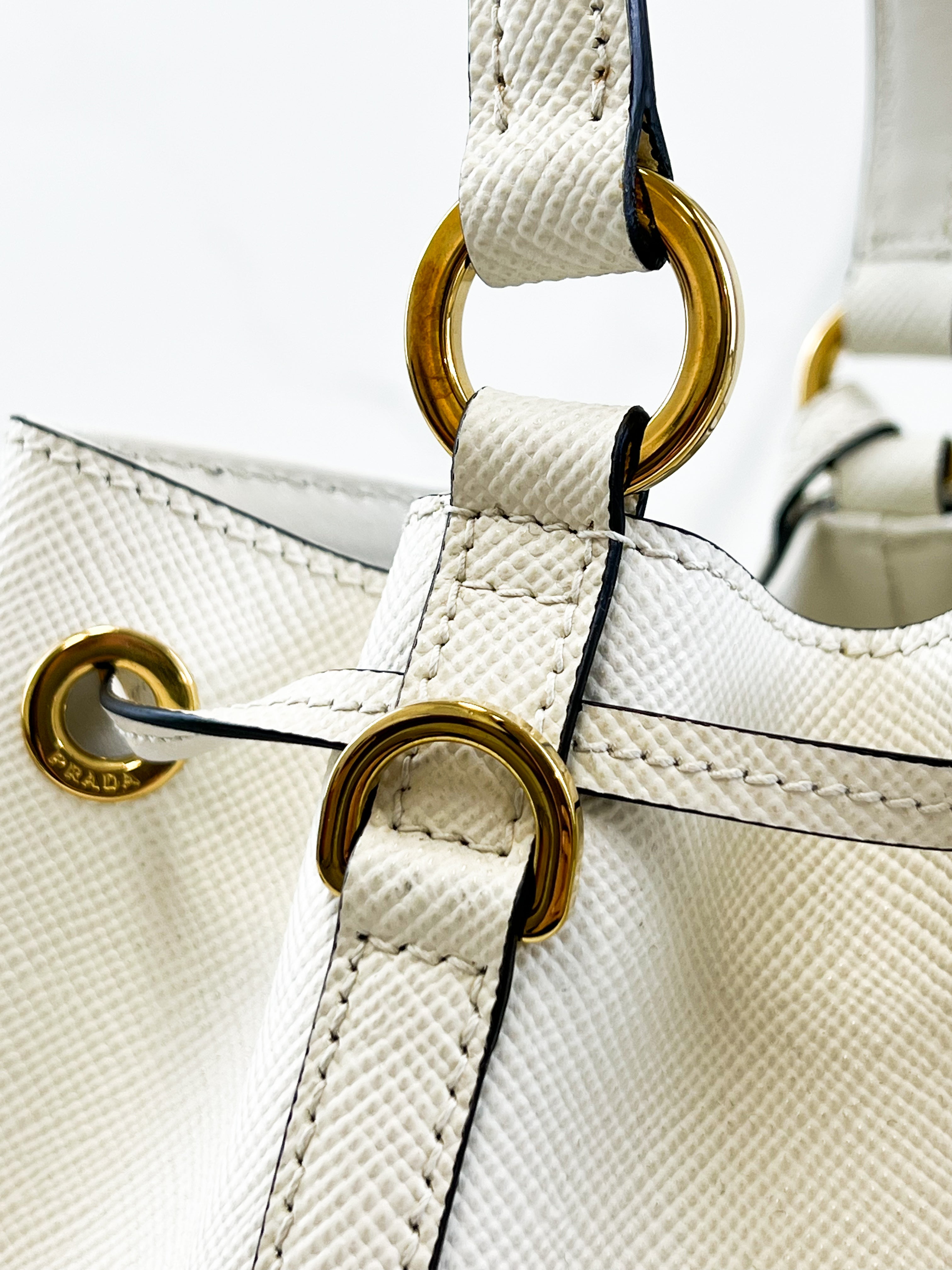 Prada Saffiano Top Handle Bucket Bag in White