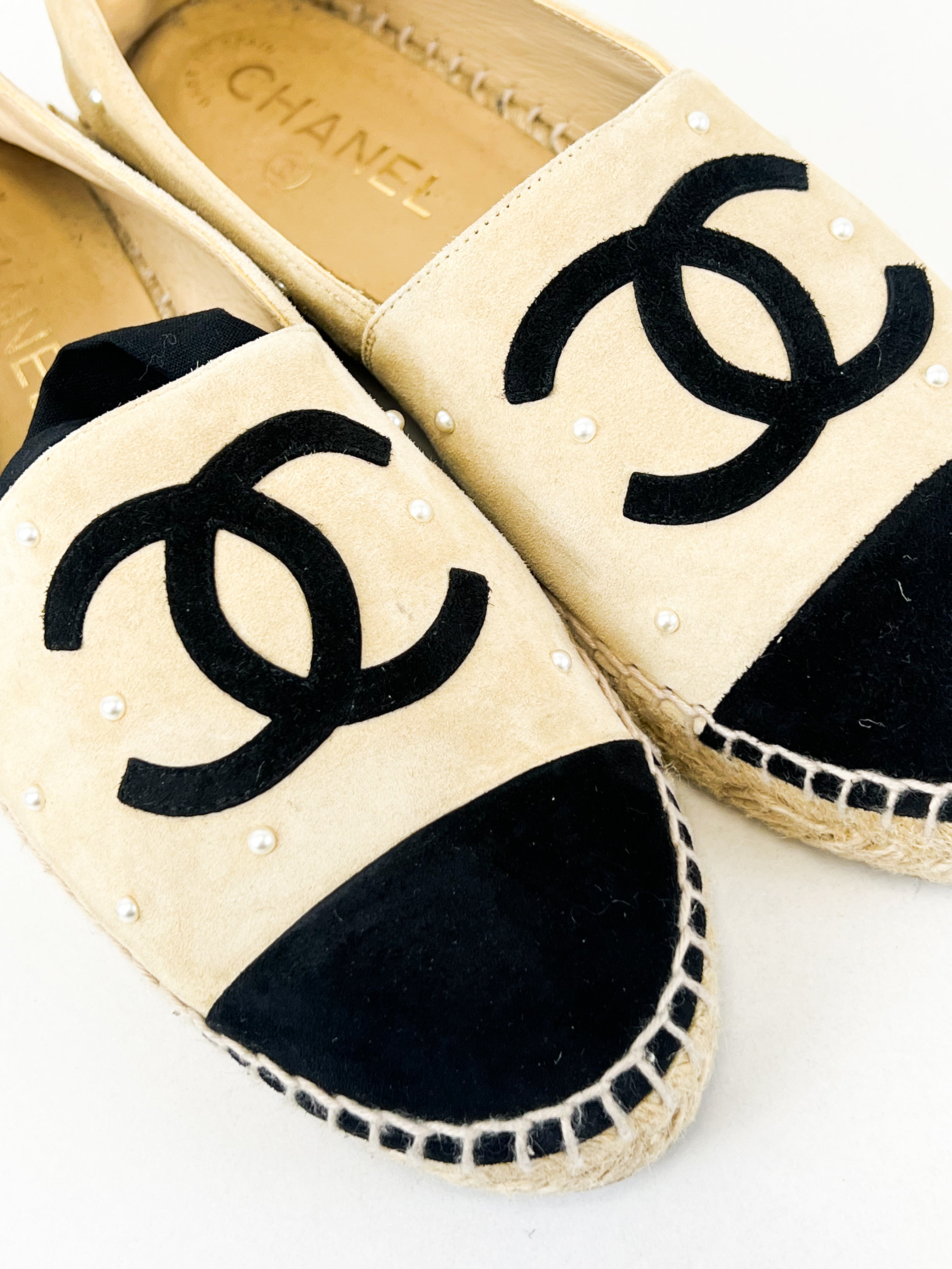 Chanel CC Logo Suede Beige Espadrilles Size 37