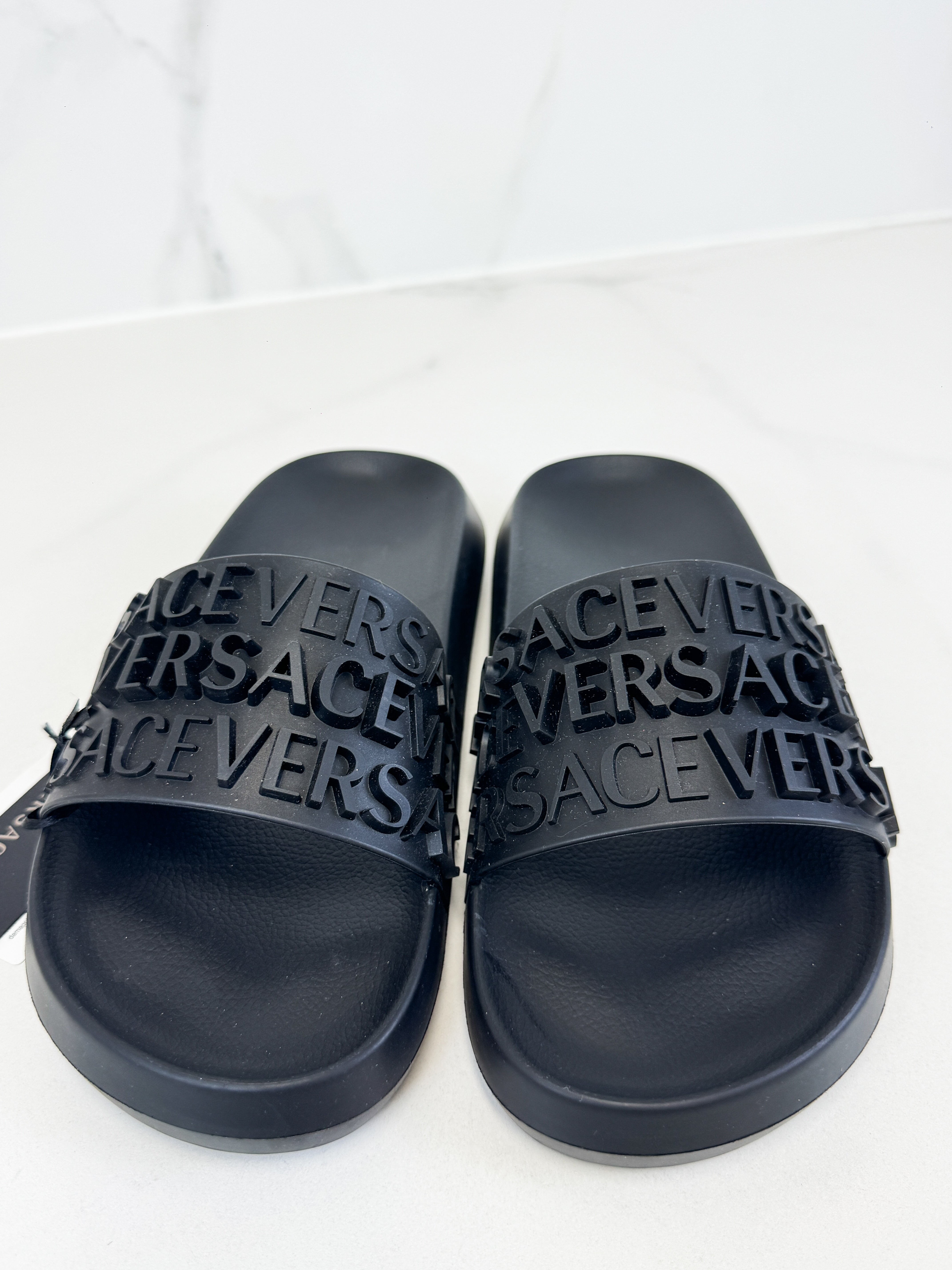 Versace Logo Embossed Black Rubber Slides Size 42