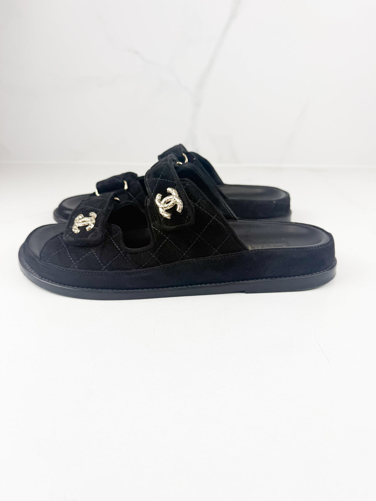 Chanel Black Quilted Double-Strap CC Logo Dad Sandals