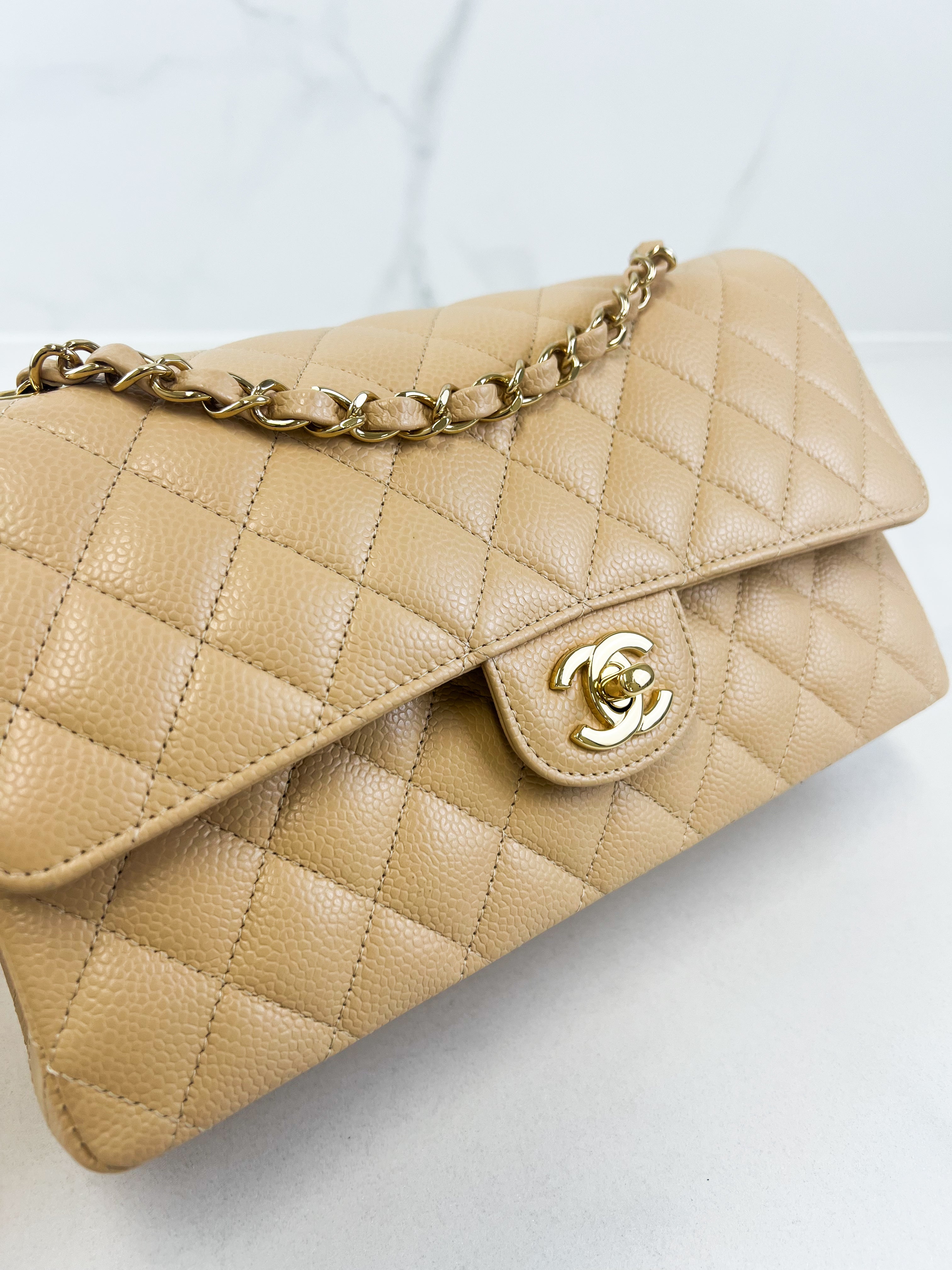 Chanel CC Medium Caviar Beige Classic Double Flap Shoulder Bag
