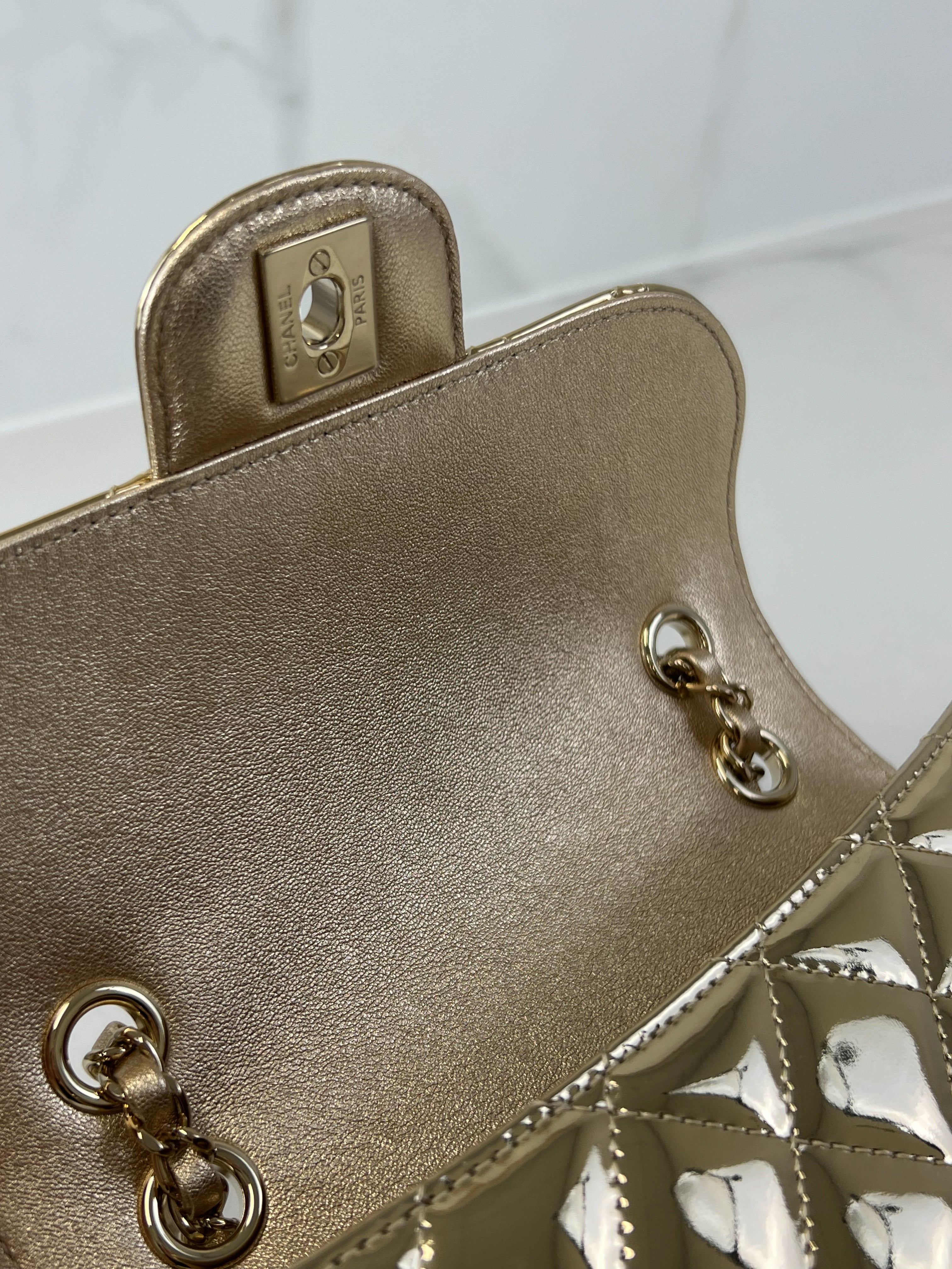 Chanel Patent Mini Square in Gold with GHW