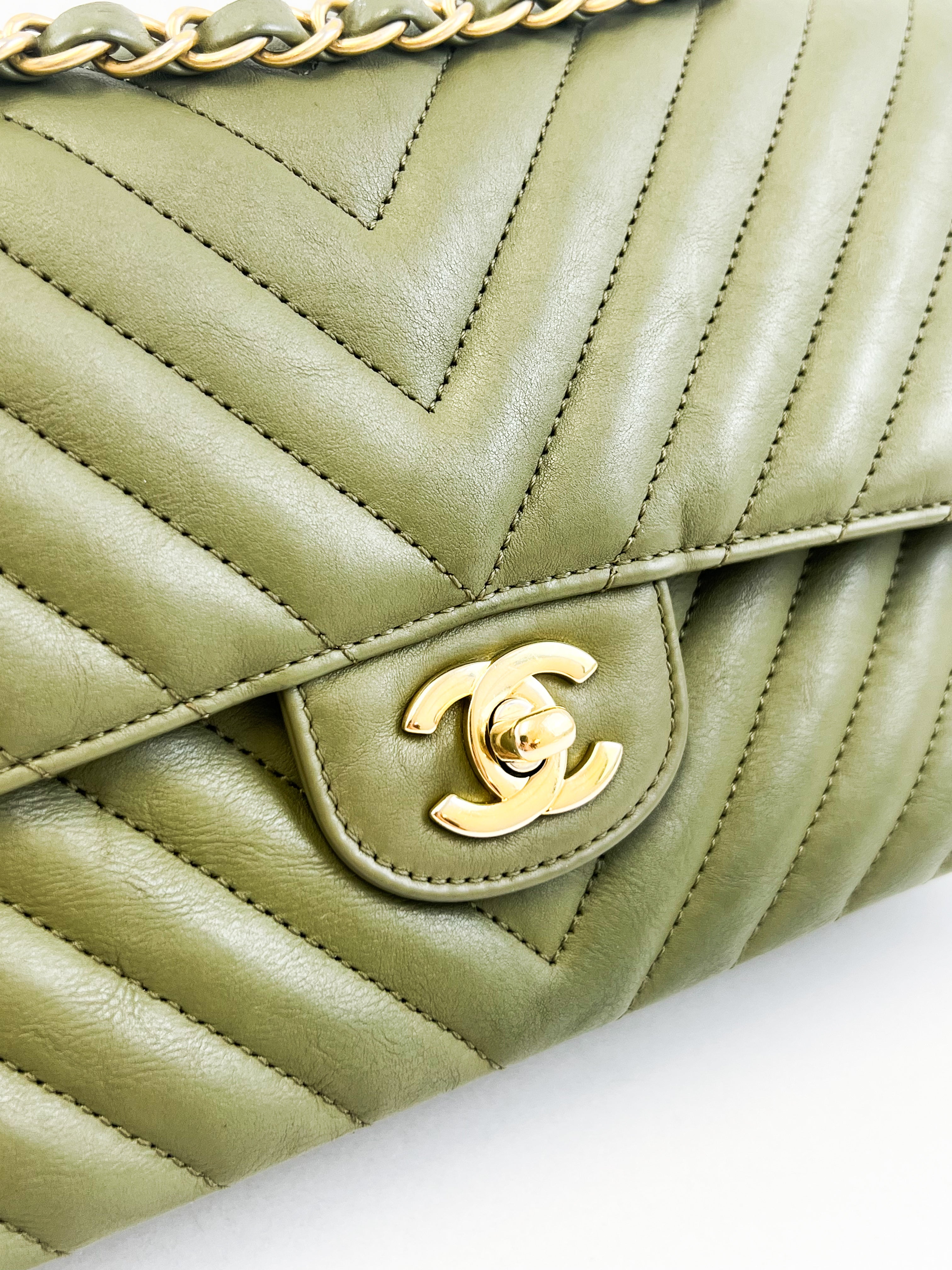 Chanel CC Medium Calfskin Olive Green Classic Double Flap Shoulder Bag GHW