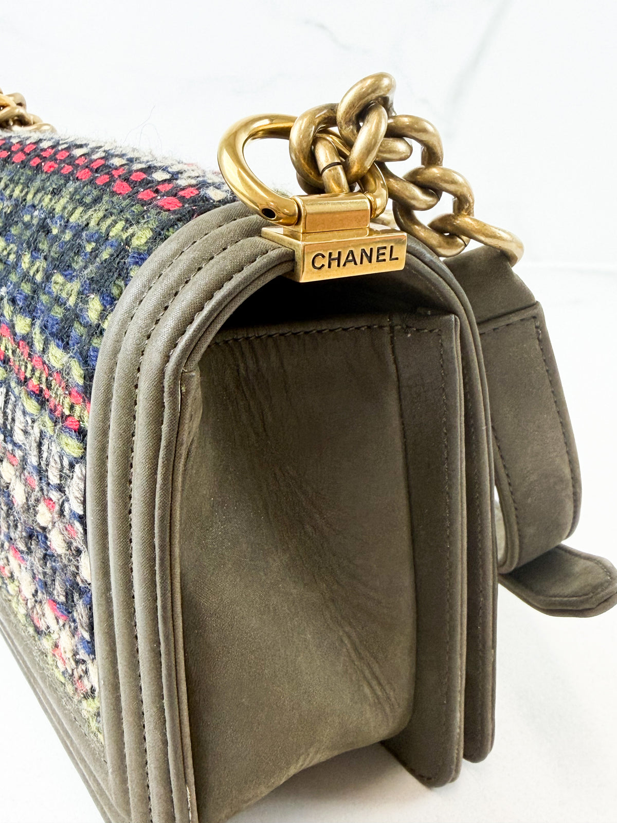 Chanel Khaki Fantasy Tweed Medium Boy Bag