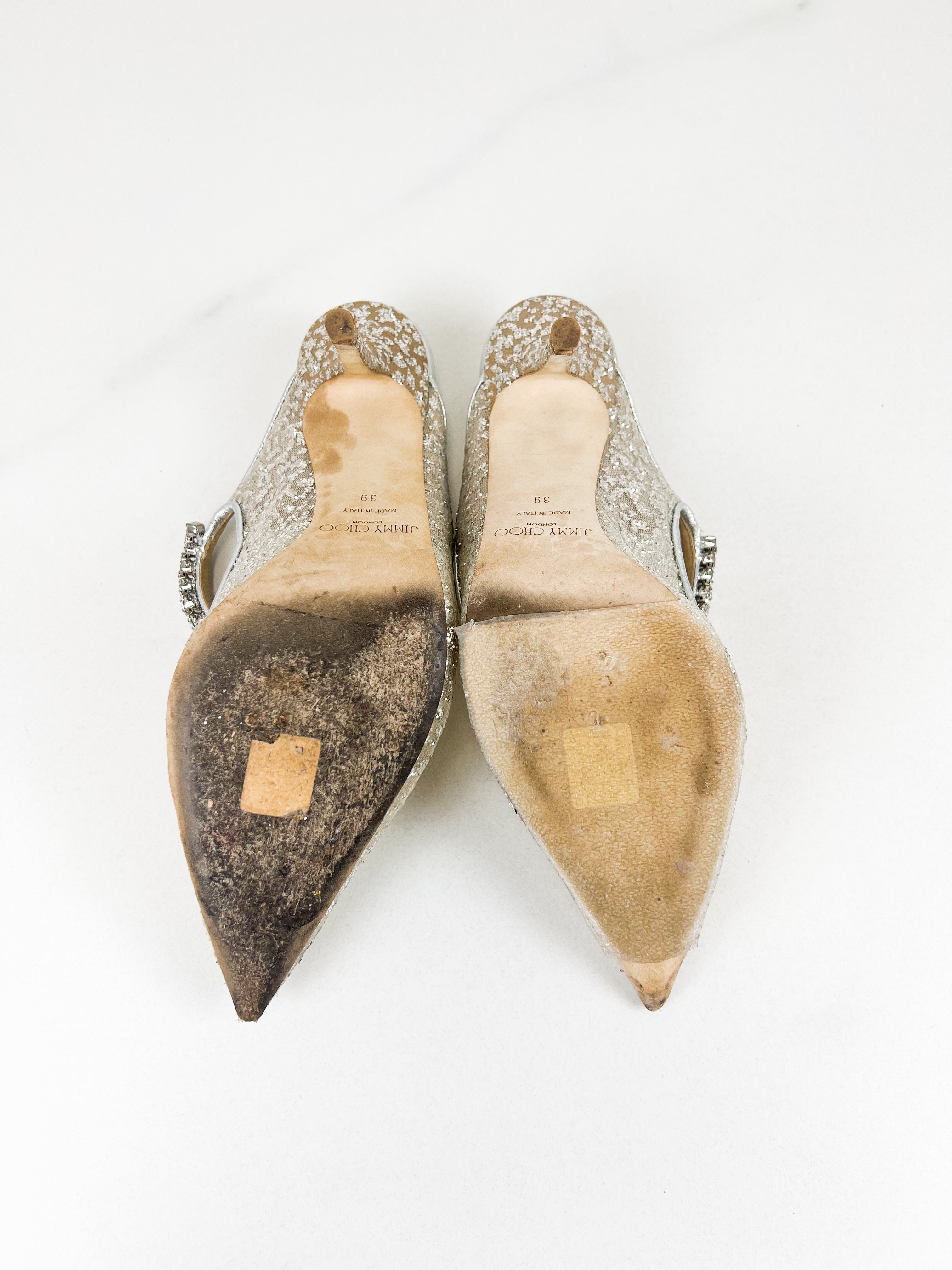Jimmy Choo Bing Silver Glitter Fabric Mule Size 39