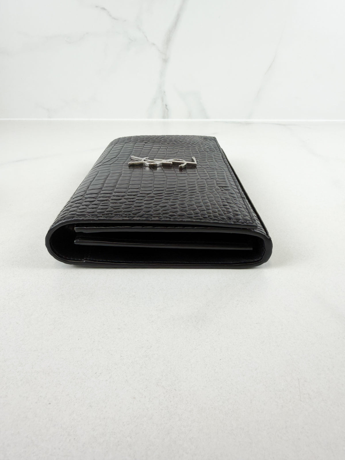Saint Laurent Black Kate Chain Bag in Embossed Croc Leather