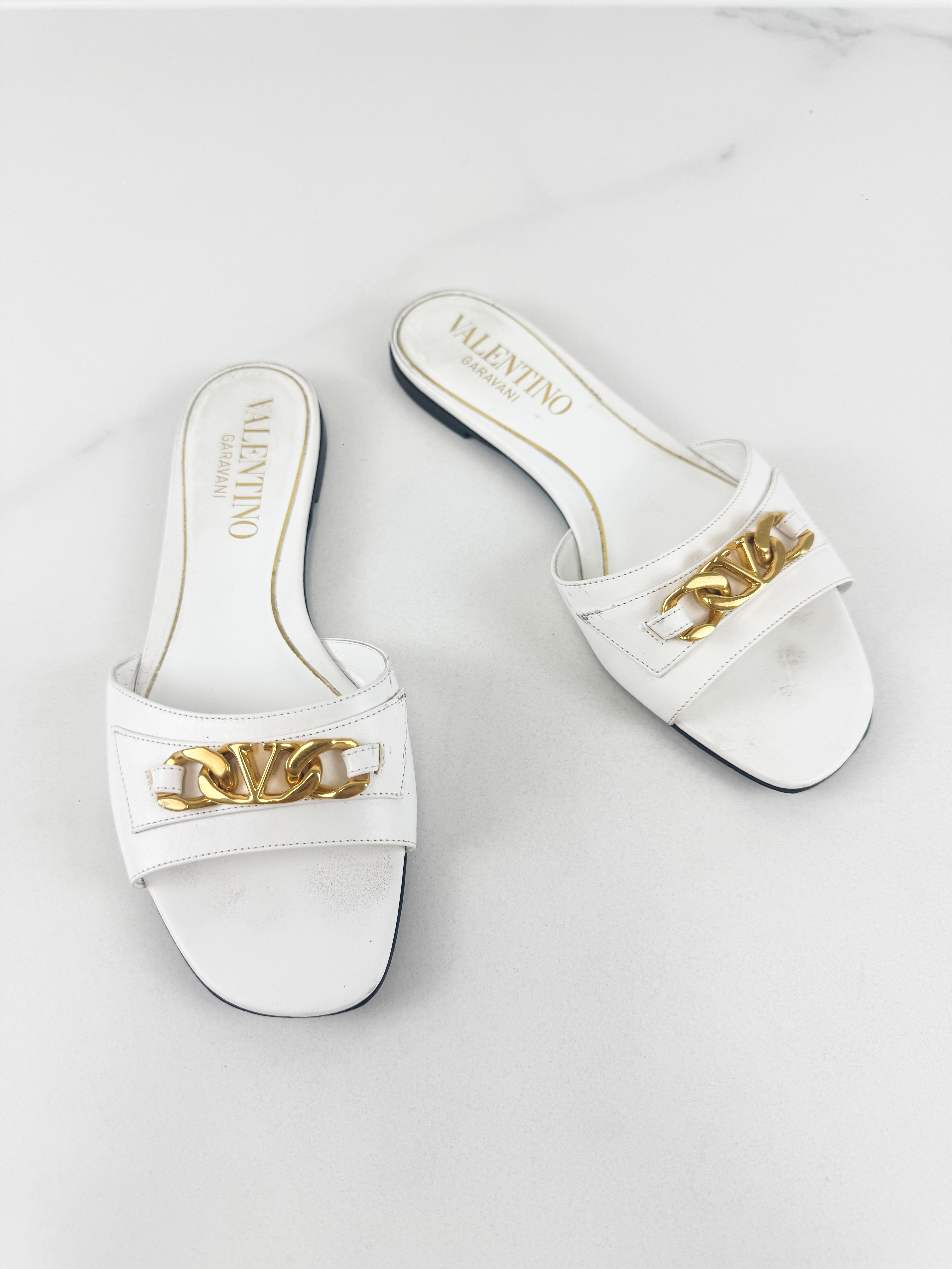 Valentino Garavani VLogo Chainslide Slide in White Leather Size 37