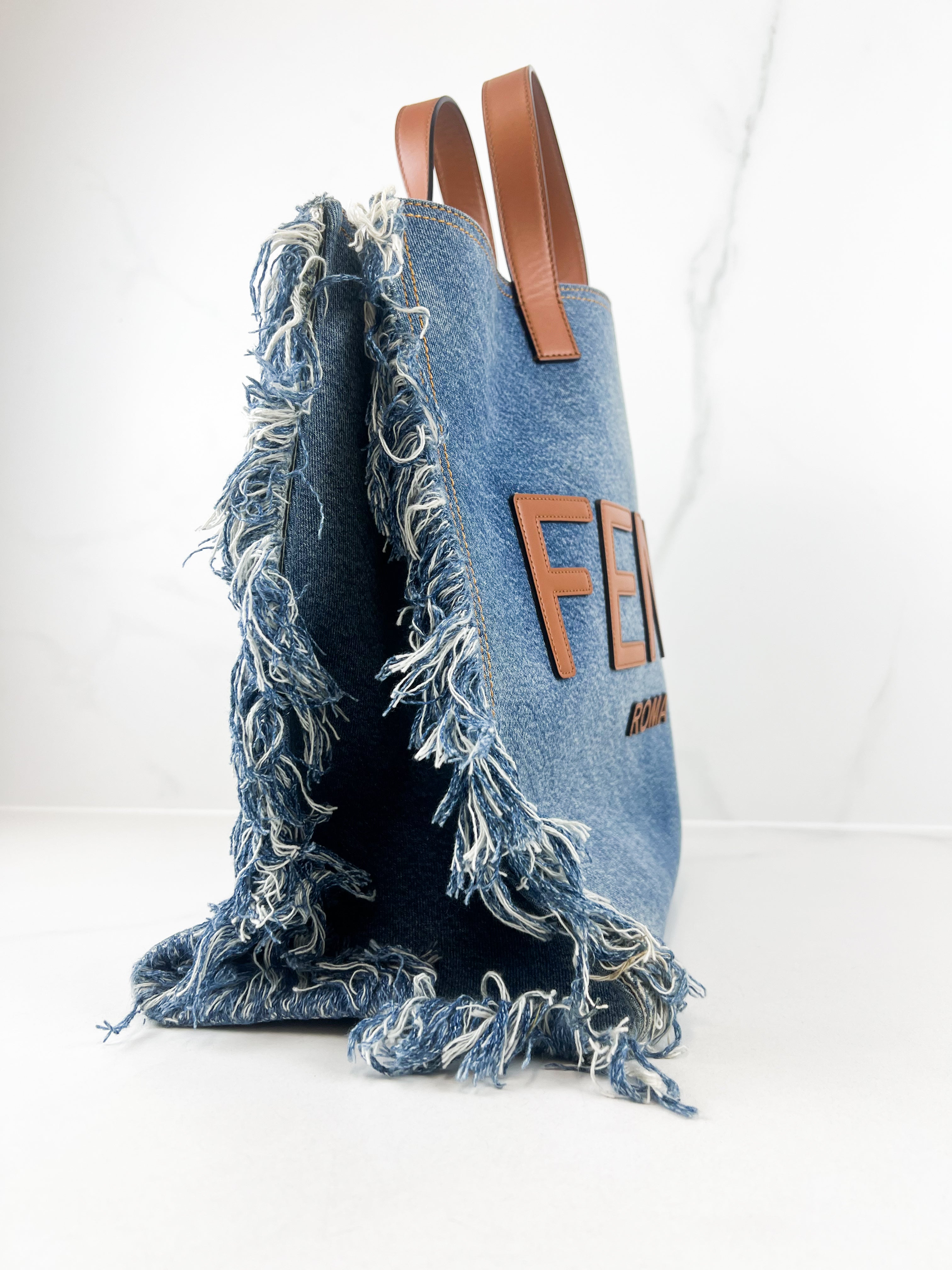Fendi Blue Denim Fringe Medium Sunshine Tote Bag