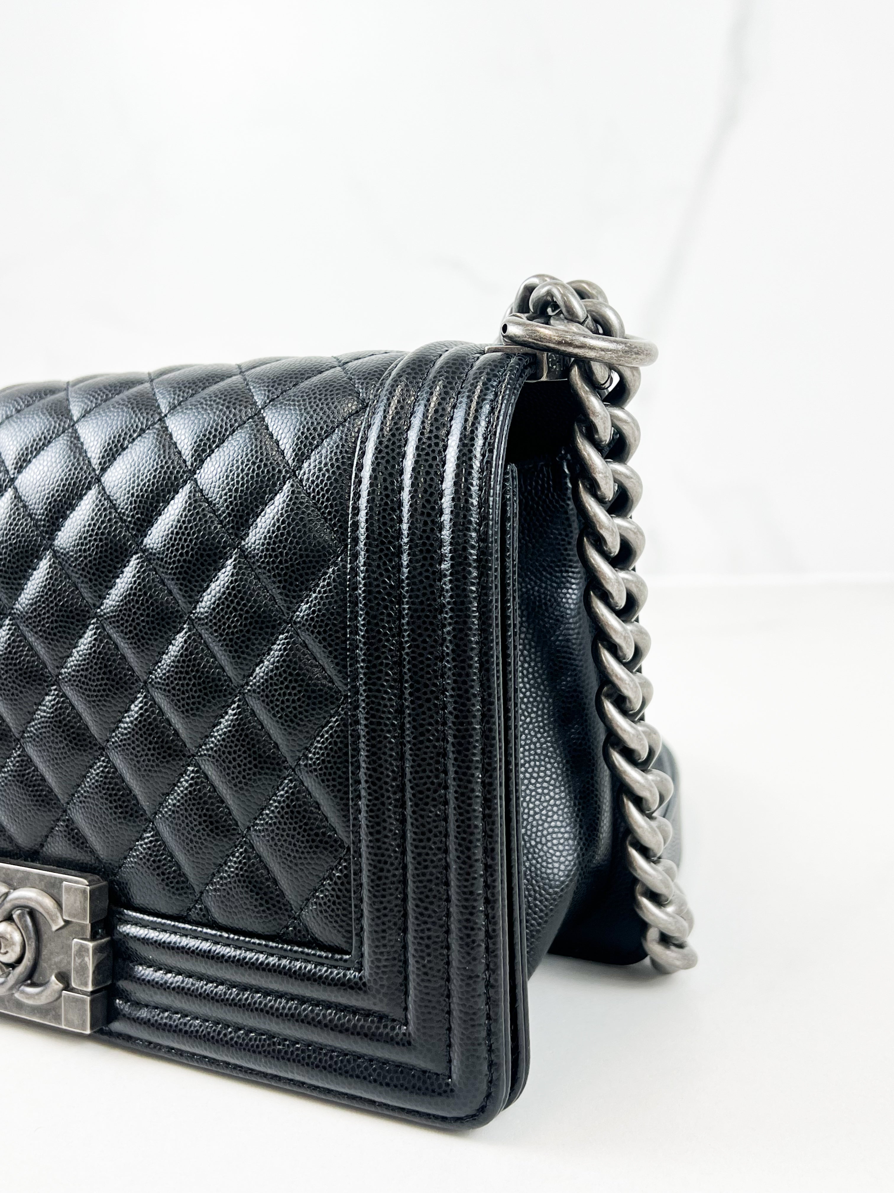 Chanel Old Medium Boy Bag in Black Quilted Caviar with Ruthenium Hardware