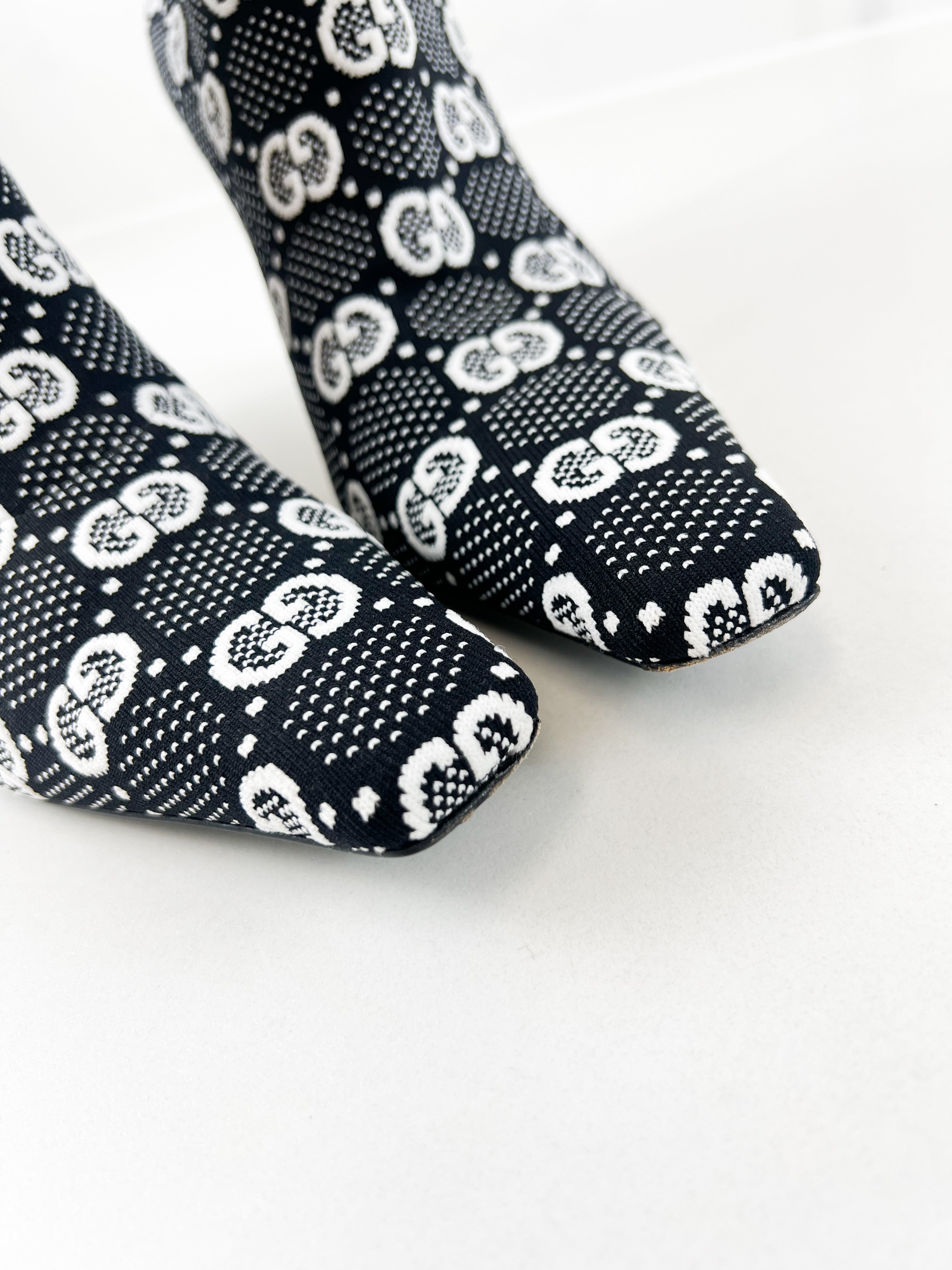 Gucci GG Logo Knit Ankle Boots in Black & White Size 39