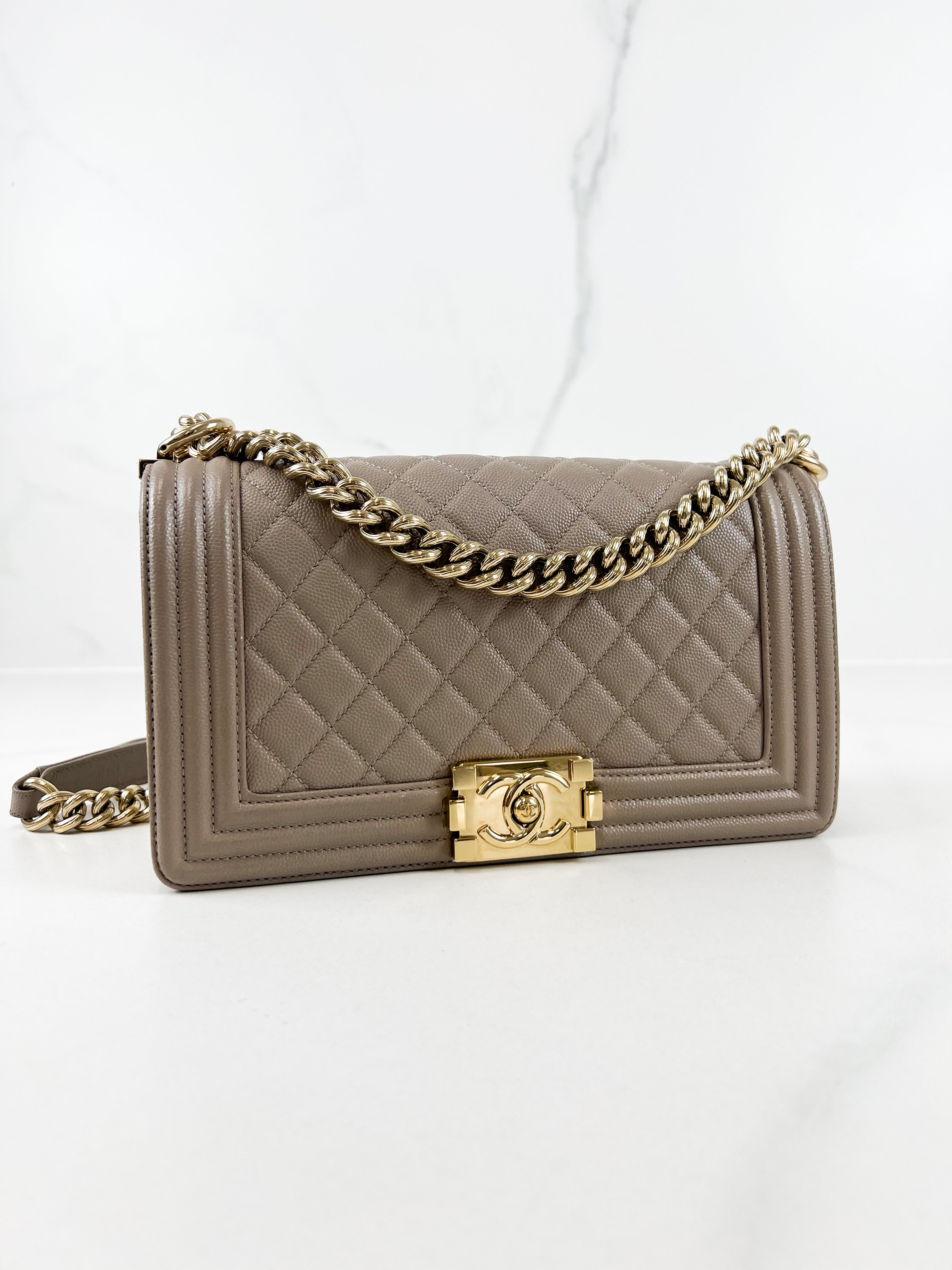 Chanel Beige Old Medium Quilted Caviar Leather Boy Bag GHW