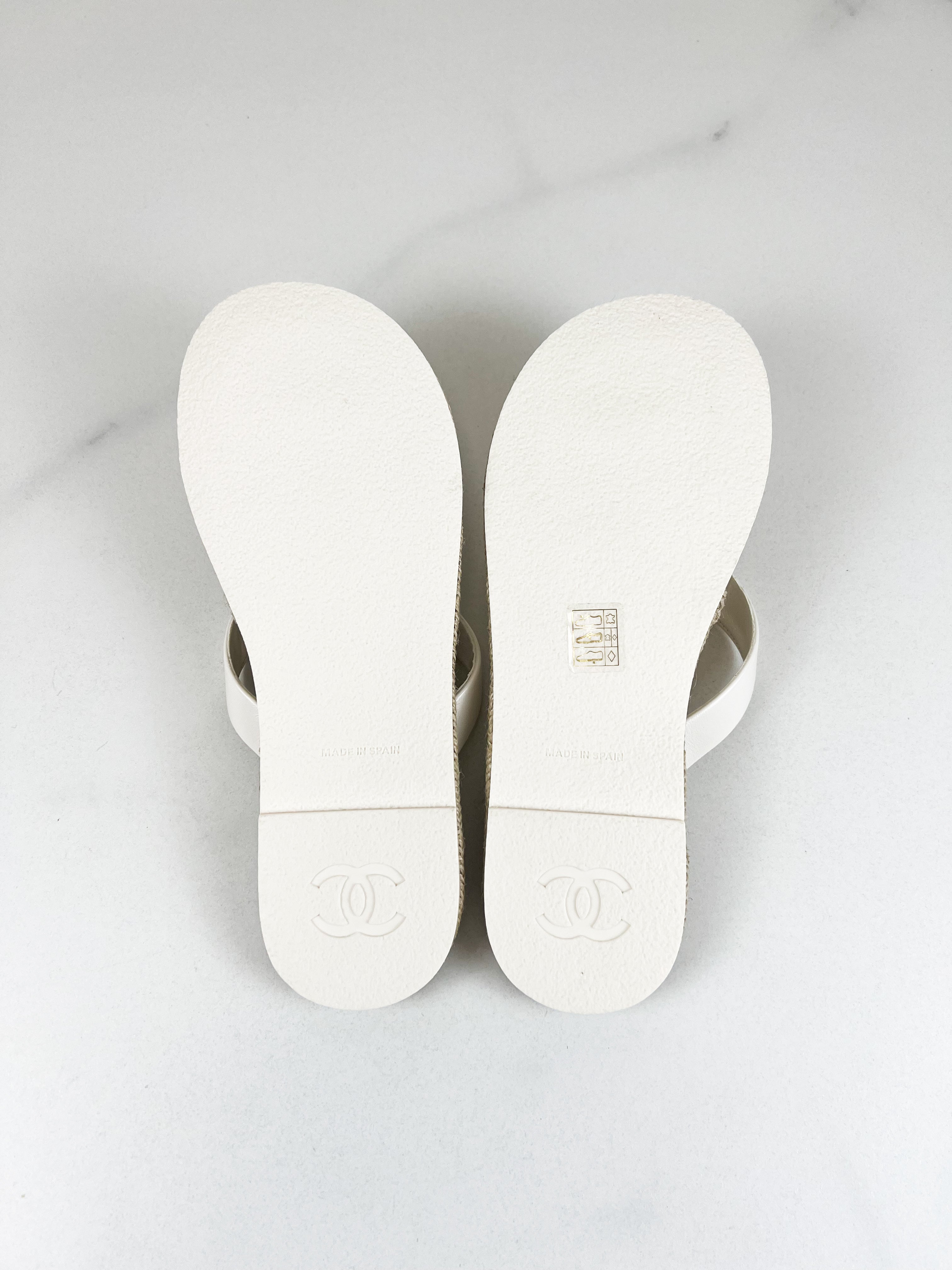 Chanel White Raffia Thong Sandal with CC Logo GHW Size 39