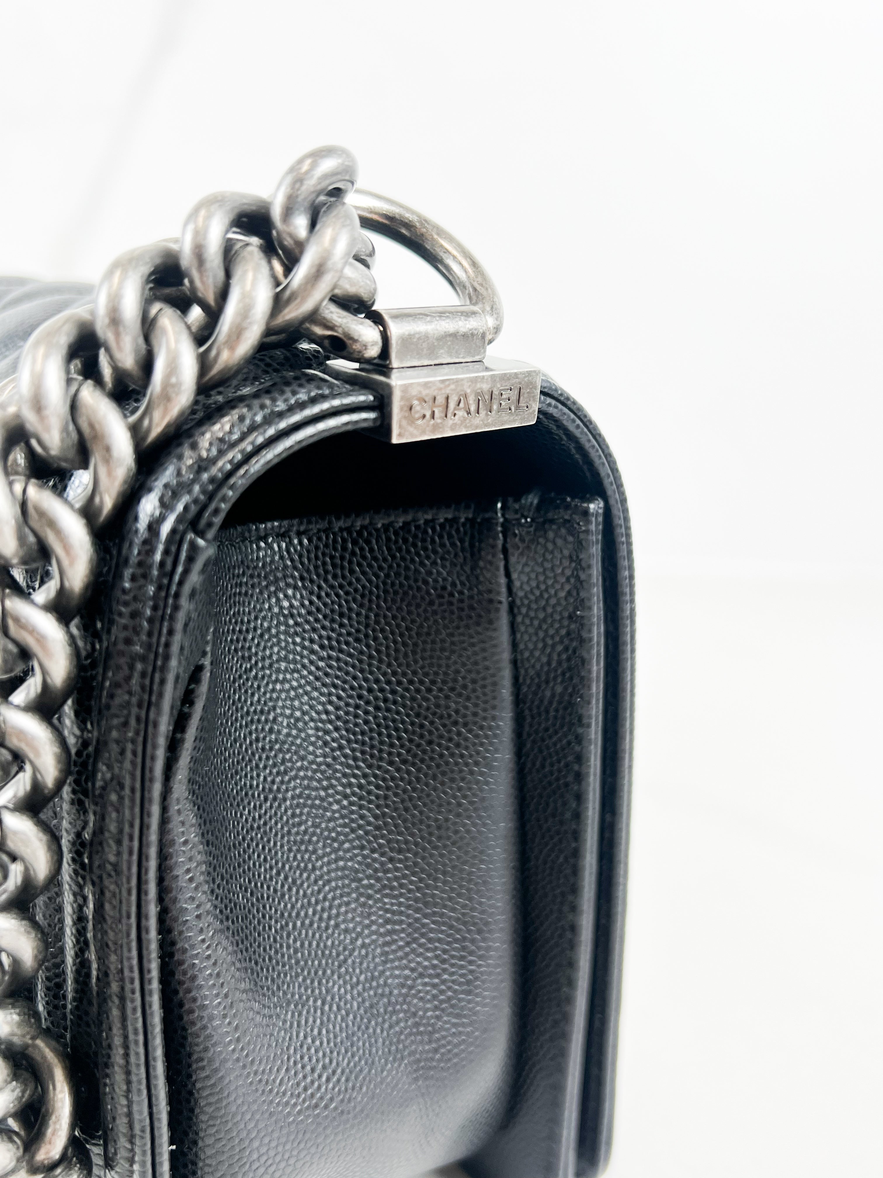 Chanel Old Medium Boy Bag in Black Quilted Caviar with Ruthenium Hardware