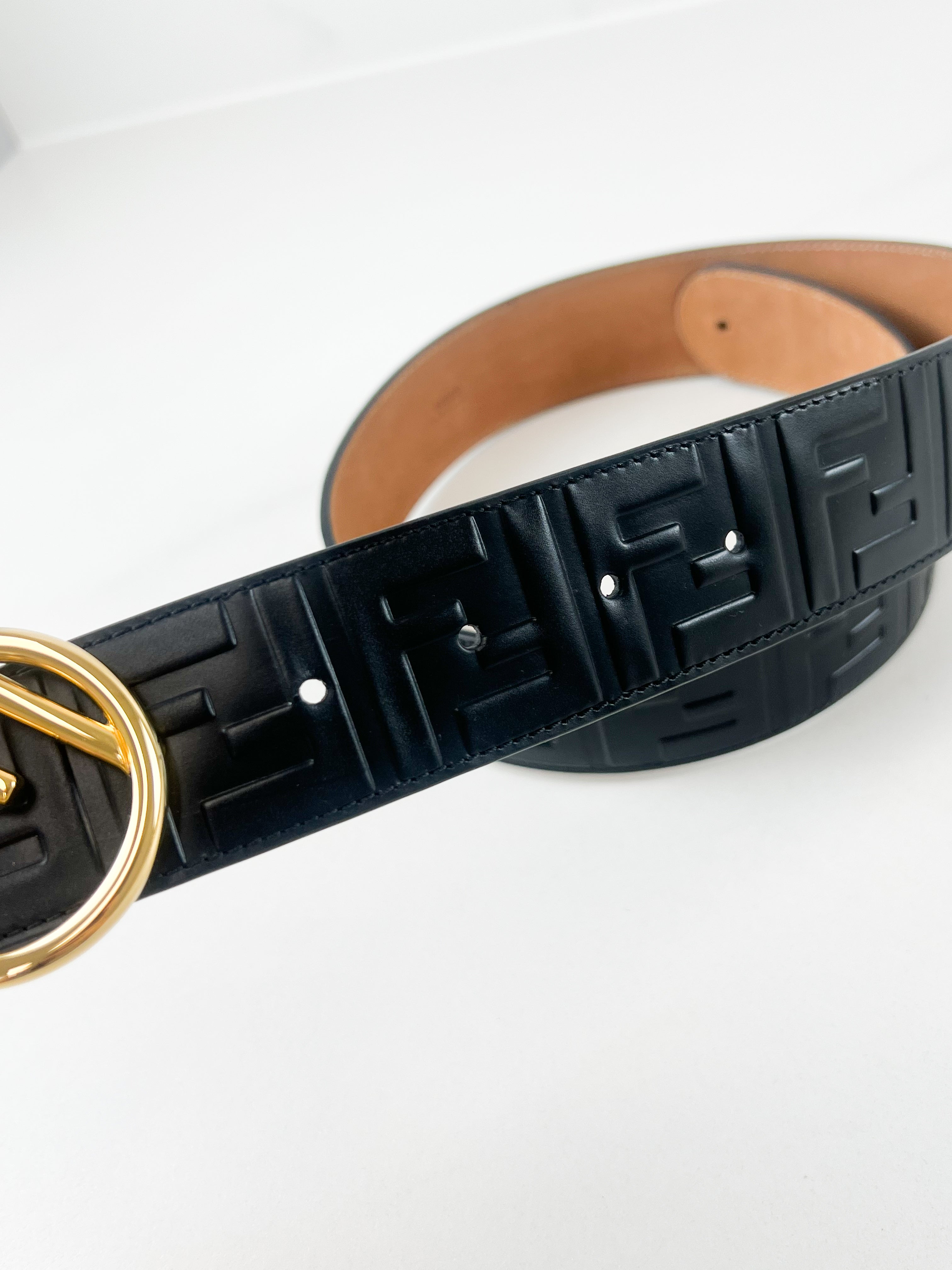 Fendi Black FF Calfskin Leather Belt Size 80