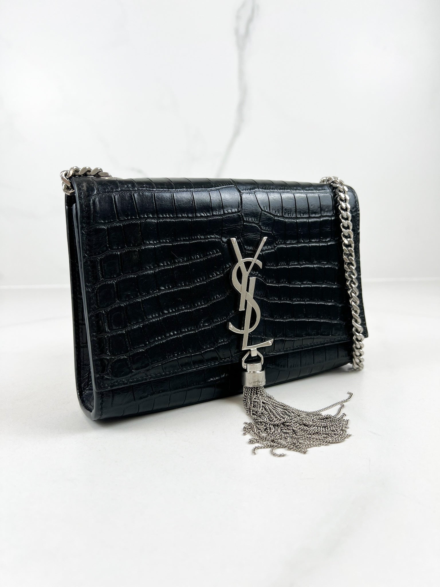 Saint Laurent Small Kate with Tassel Croc Embossed Shiny Leather SHW