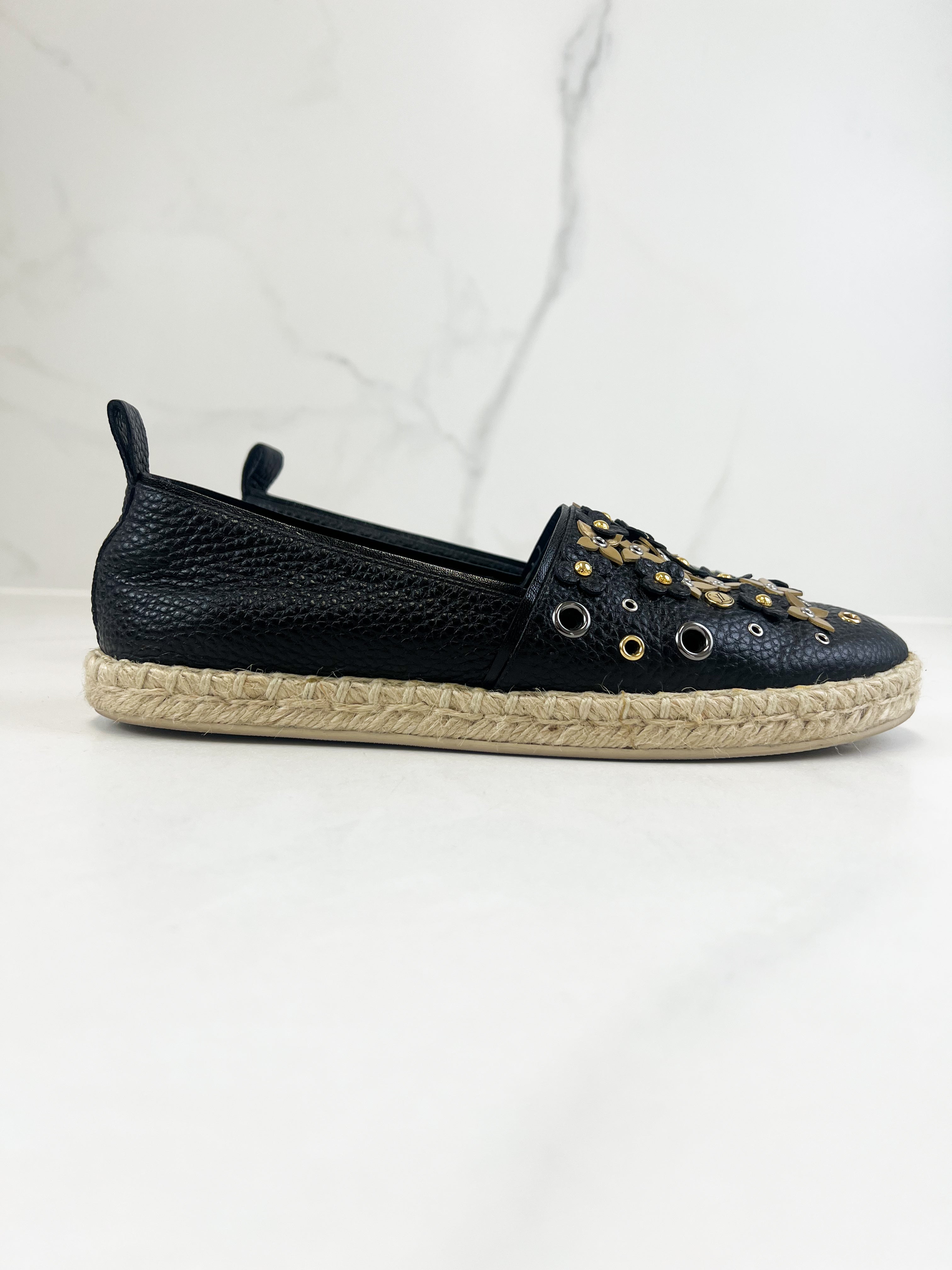 Louis Vuitton Black Leather Tropical Bloom Espadrille Size 38.5