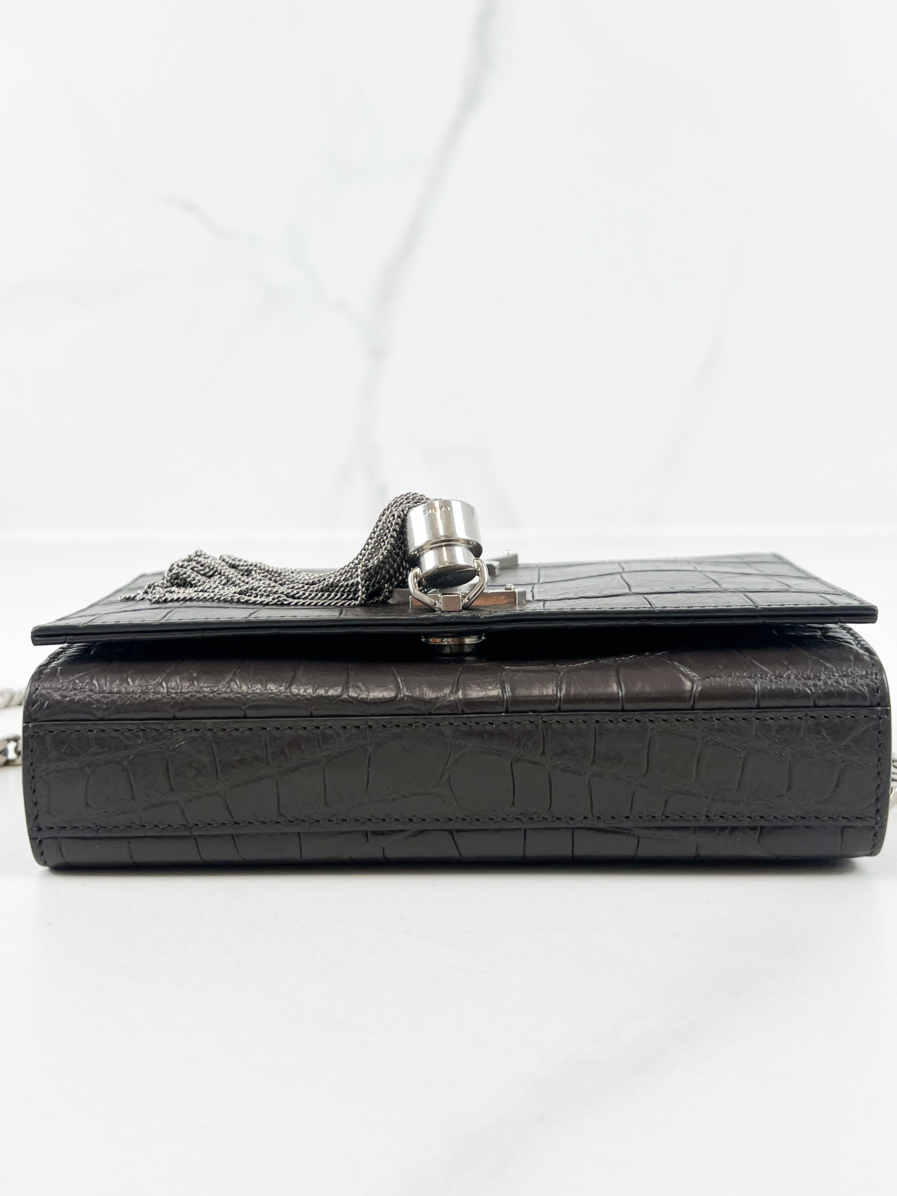 Saint Laurent Mini Kate Croc Embossed with SHW Tassel in Charcoal Brown