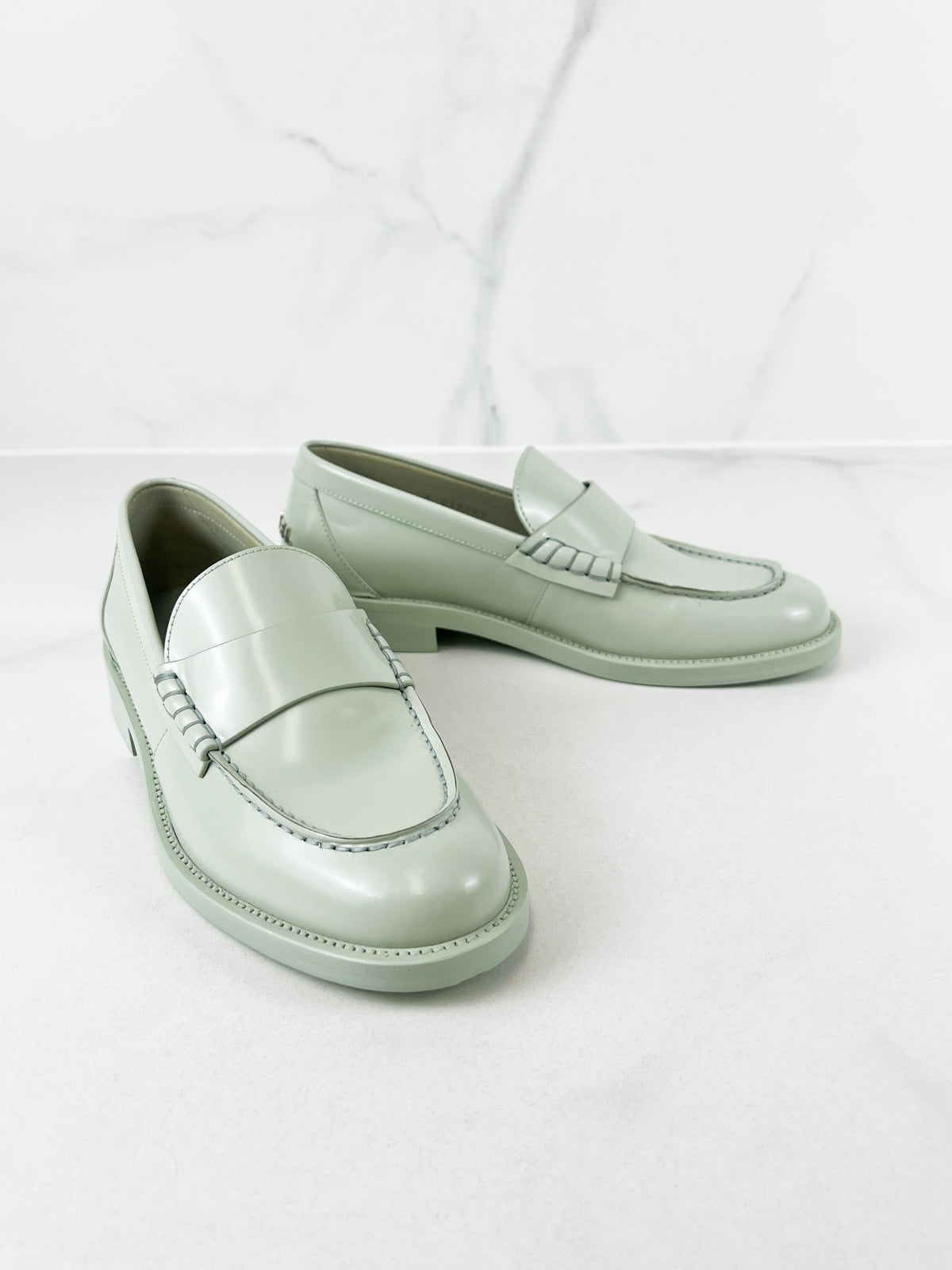 Chanel Patent Calf Skin Pale Green Logo Loafer Size 37.5C