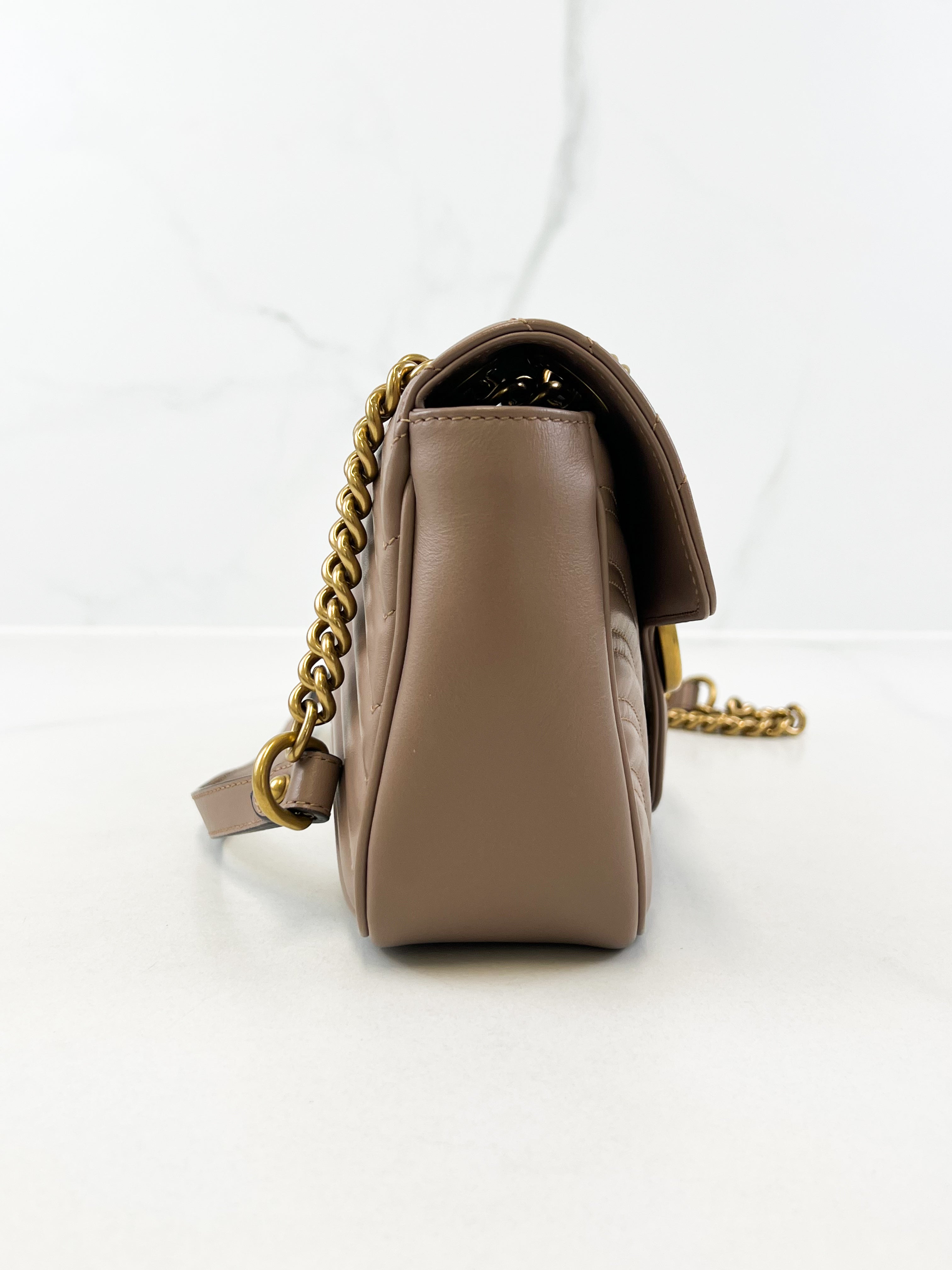 Gucci Taupe GG Marmont Matelasse Small Flap Shoulder Bag