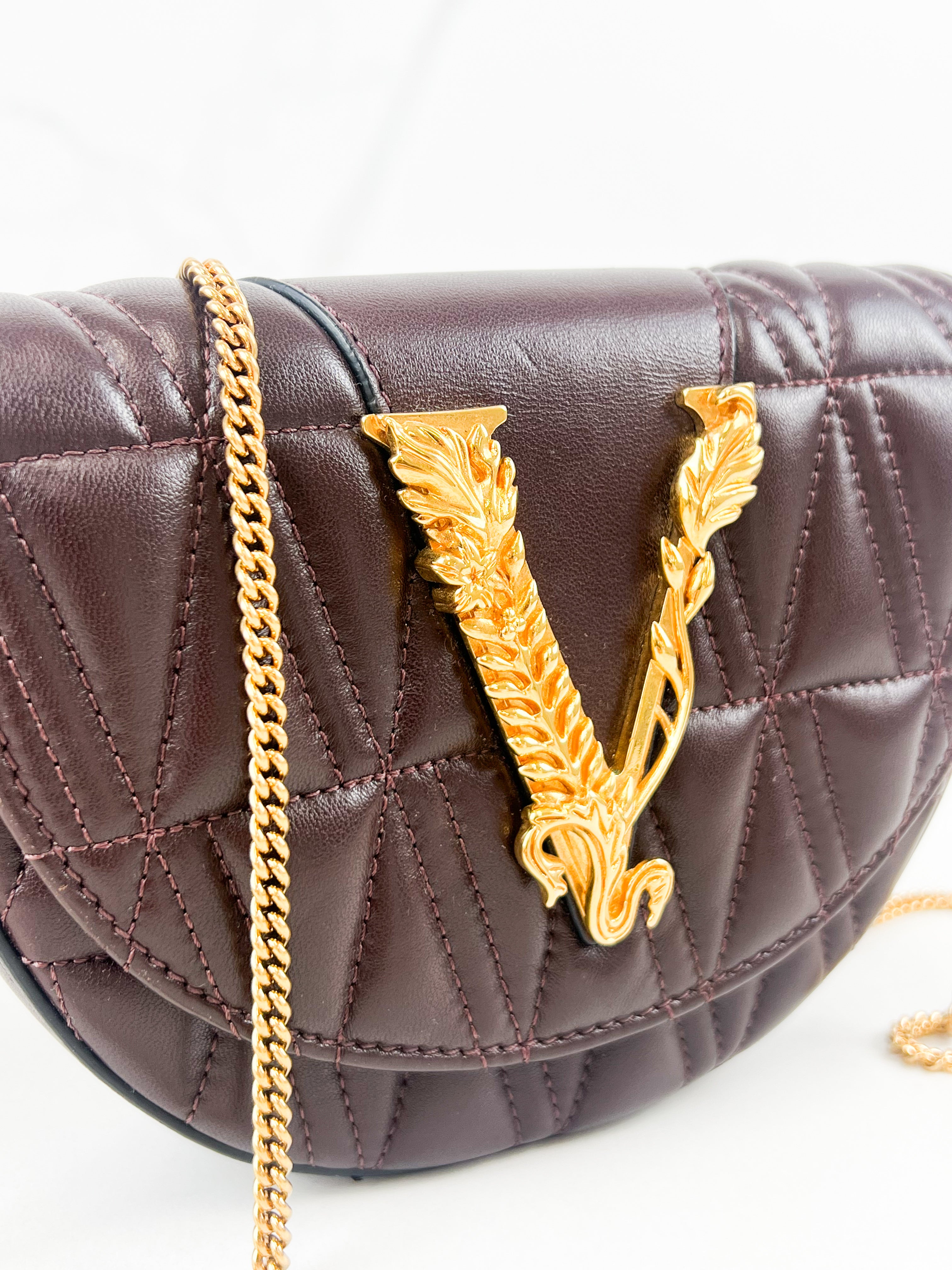 Versace V Logo Chocolate Leather Belt/Chain Bag
