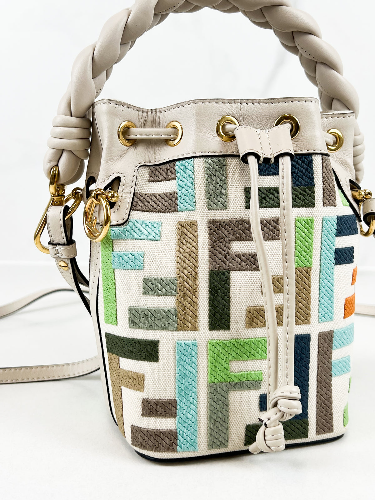 Fendi FF Multicolour Embroidred Mon Tresor Bucket Bag with Braided White Leather Handle
