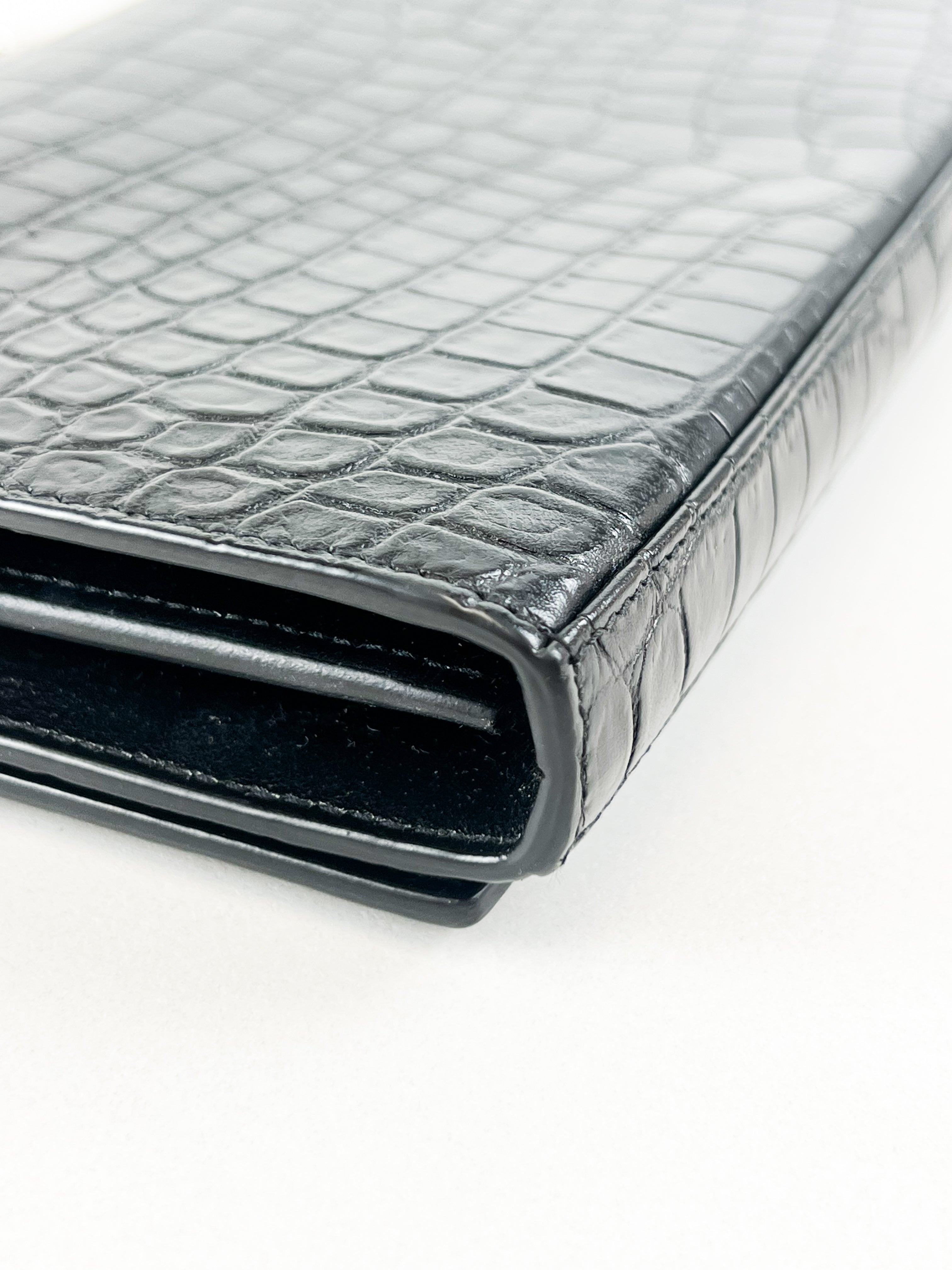 Saint Laurent Black Kate Chain Bag in Embossed Croc Leather